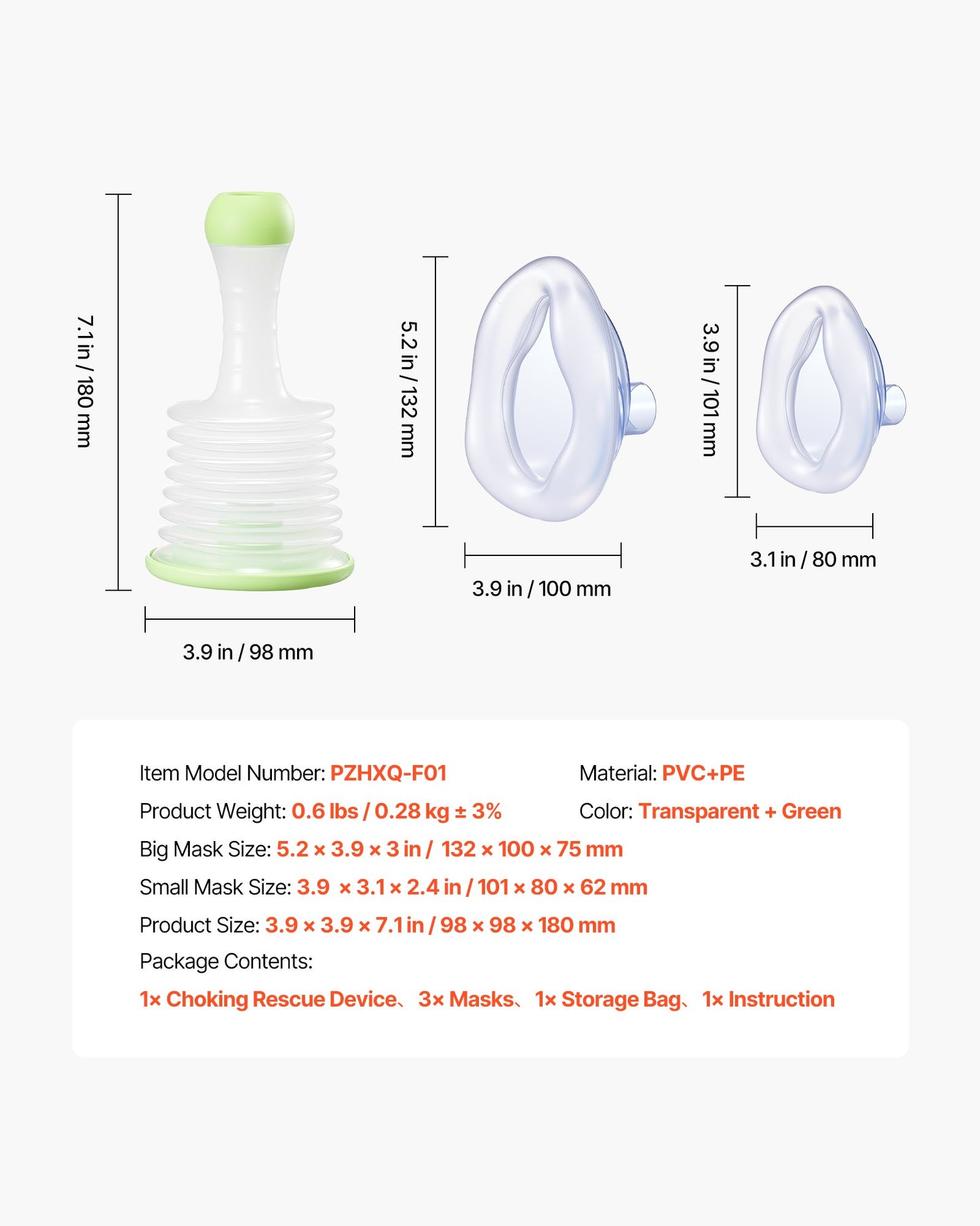 Choking Rescue Device, Portable Airway Clear Anti Choking Suction Device with 3 Multi-size Masks and 1 Storage Bag, First Aid Kit for Removing Blocked Objects, for Home, School, Travel