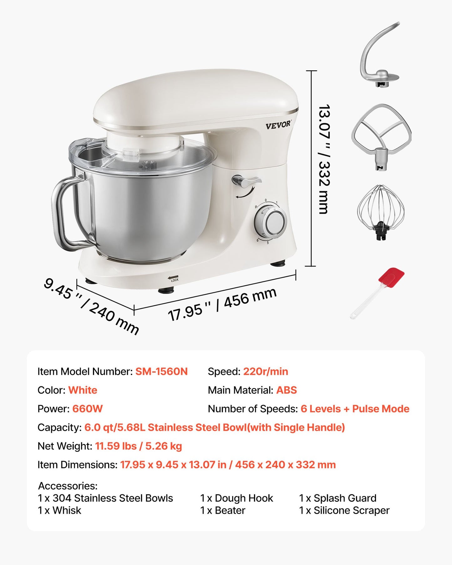Stand Mixer, 6 QT Dough Mixer, 660W 6 + P Speeds Tilt-head Food Mixer with Stainless Steel Bowl, Dough Hook, Wire Whip, Flat Beater, Scraper, Household Stand Mixer for Baking & Mixing, White