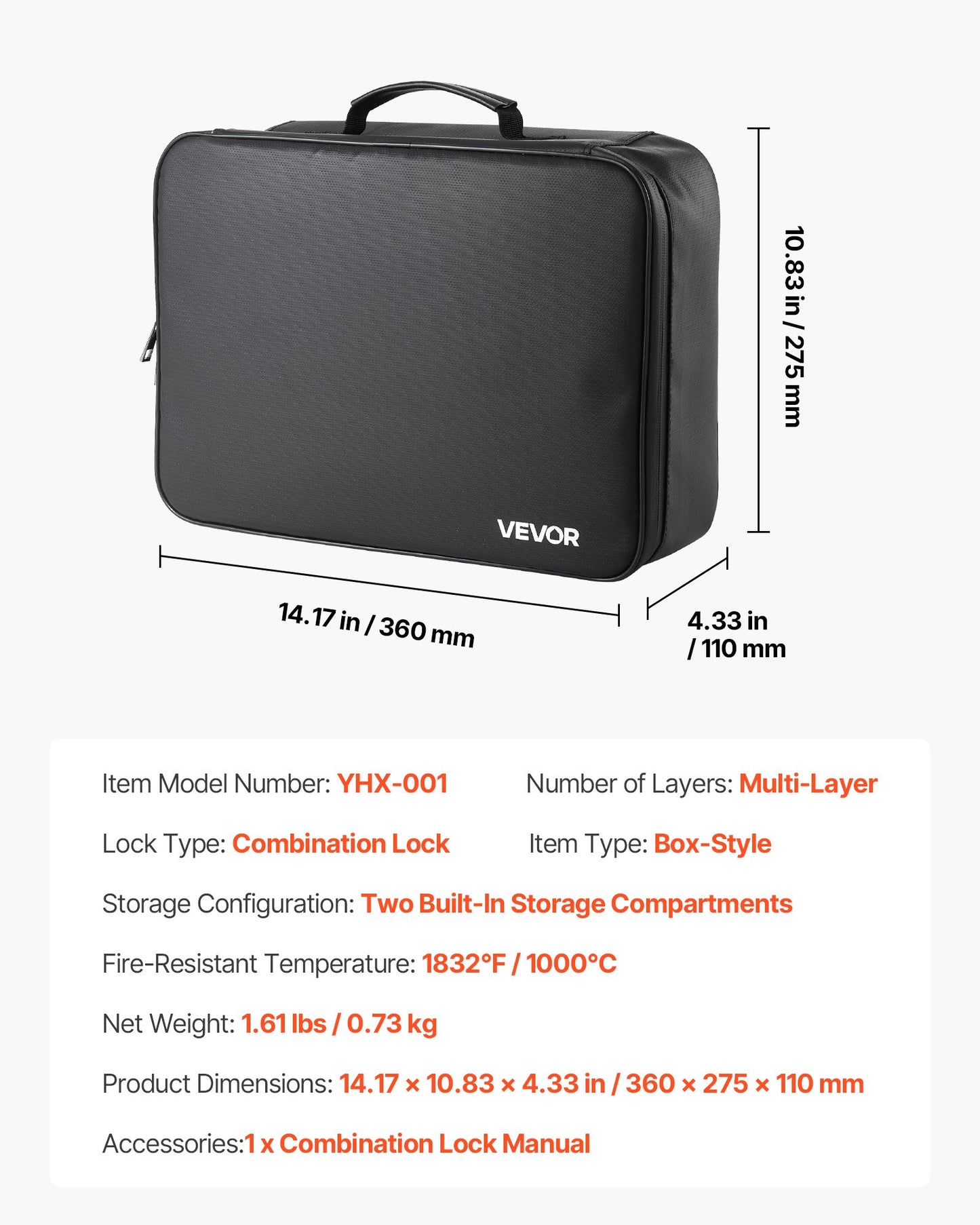 Fireproof Document Box, 1832 ℉ Heat Insulated Fireproof & Waterproof Box with Lock, Portable Multi-Layer Home Office Travel File Storage Organizer, for Passports, Important Documents, Files