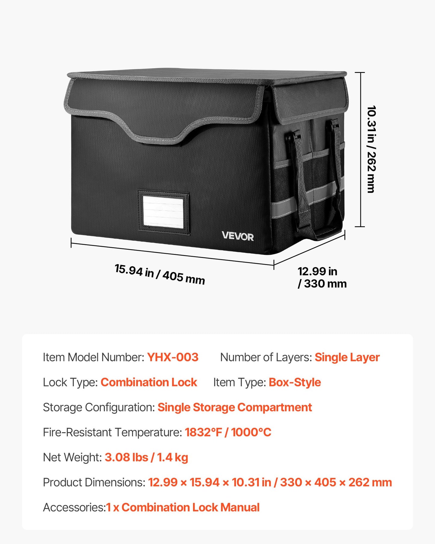 Fireproof Document Box, 1832 ℉ Heat Insulated Fireproof & Waterproof Box with Lock, Portable File Storage Security Organizer Home Office Travel Use, for Passports, Important Documents & Files