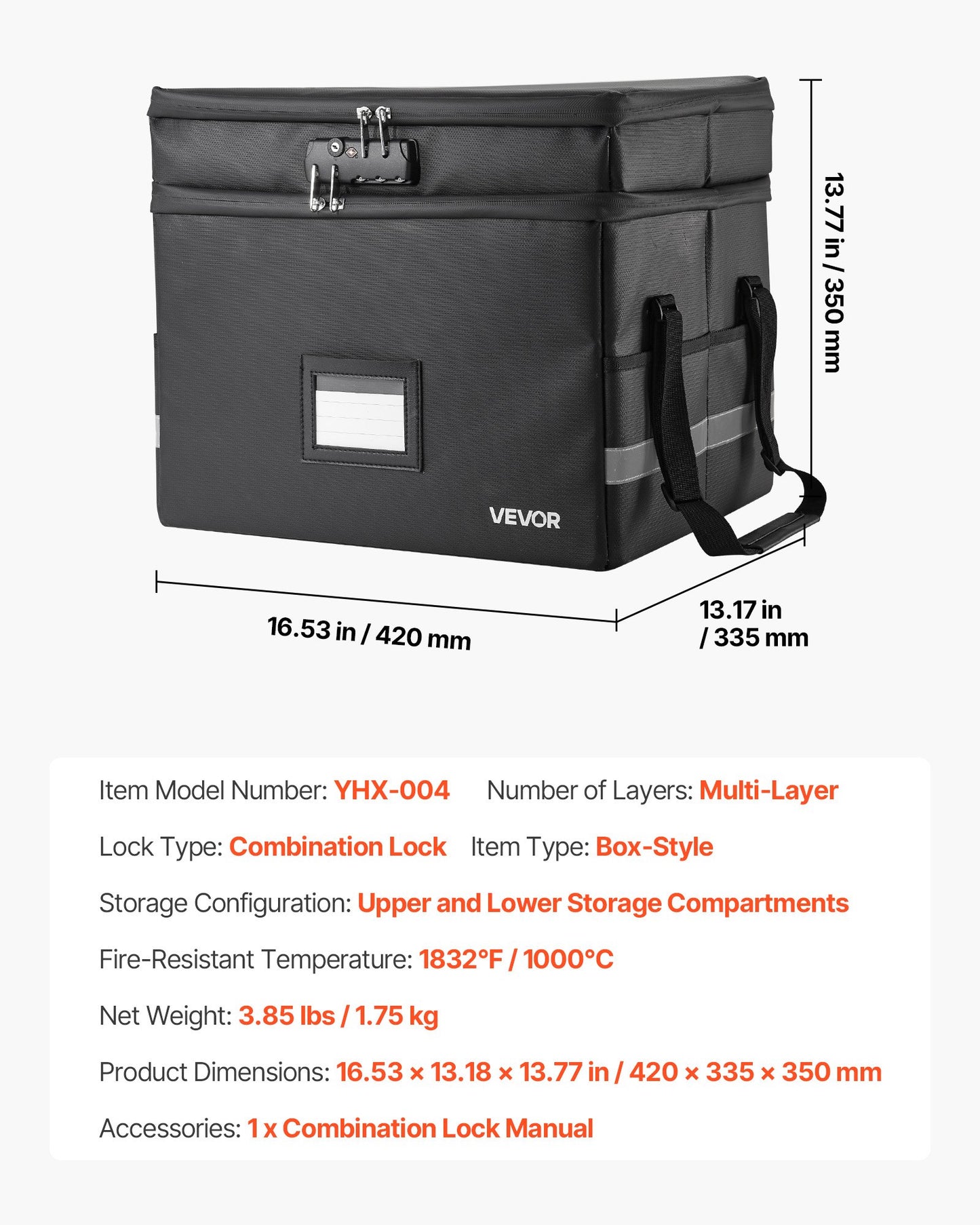 Fireproof Document Box, 1832 ℉ Heat Insulated Fireproof & Waterproof Box with Lock, Portable Two-Layer File Storage Organizer Home Office Travel Use, for Passports, Important Documents, Files