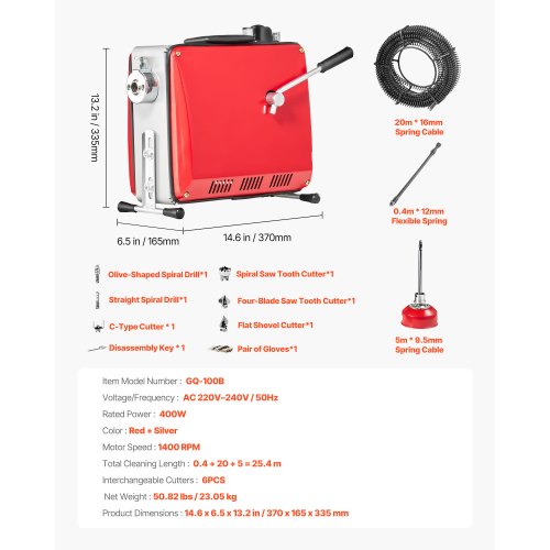 Avloppsrensningsmaskin, 400W 1400 RPM elektrisk rörrensningsmaskin för avlopp med slang och 20m x 16mm, 5m x 9.5mm och 0.4m x 12mm stålfjädervajer och 6 avbitartänger, passar rör med 50-110 mm diameter | EU