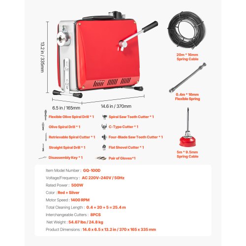 Avloppsrensningsmaskin, 500W 1400 RPM elektrisk rörrensningsmaskin för avlopp med slang och 20m x 16mm, 5m x 9,5mm och 0,4m x 16mm stålfjädervajer och 8 avbitartänger, passar rör med 50-110 mm diameter | EU