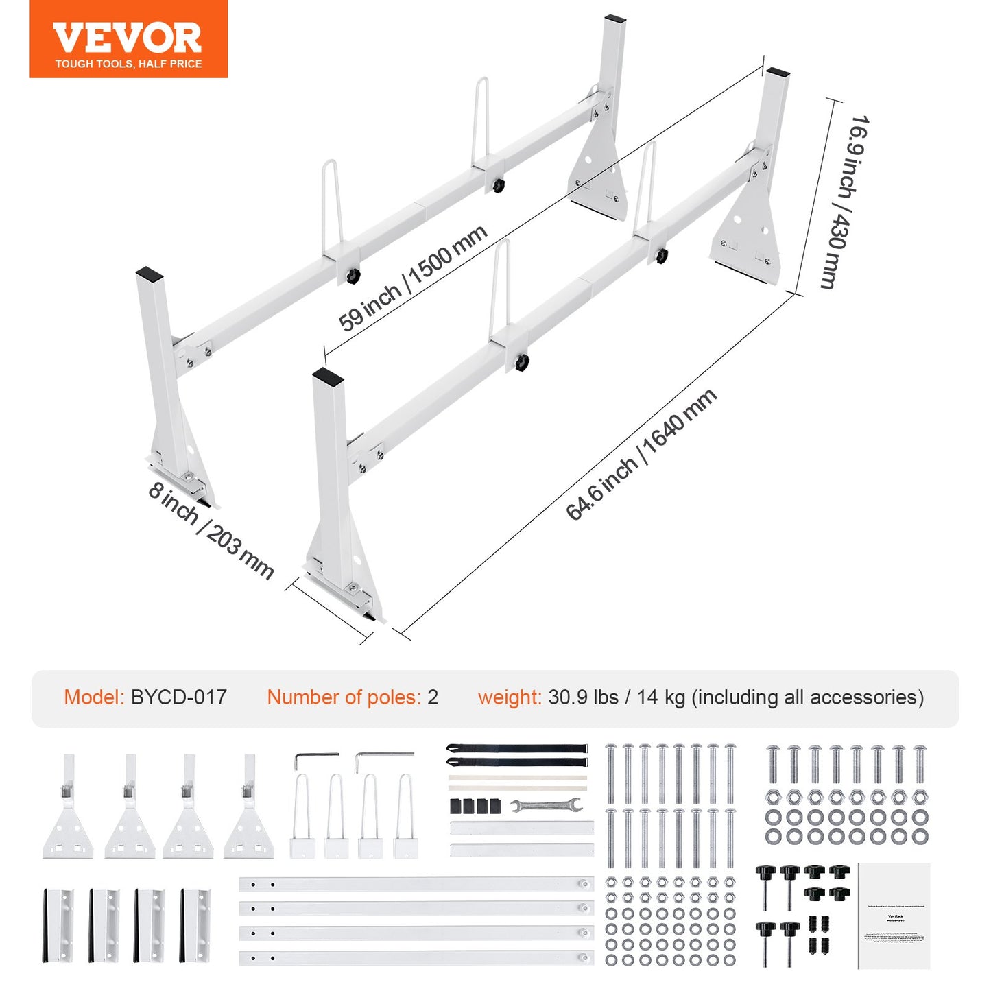Trailer Ladder Rack, 59" Adjustable Roof Rack, 2 Crossbars Van Roof Ladder Rack, 600 lbs Capacity Steel Van Ladder Rack, Fit for Chevrolet Express 1500 2500 3500/ Ford E150 E250 E350/ GMC Savana