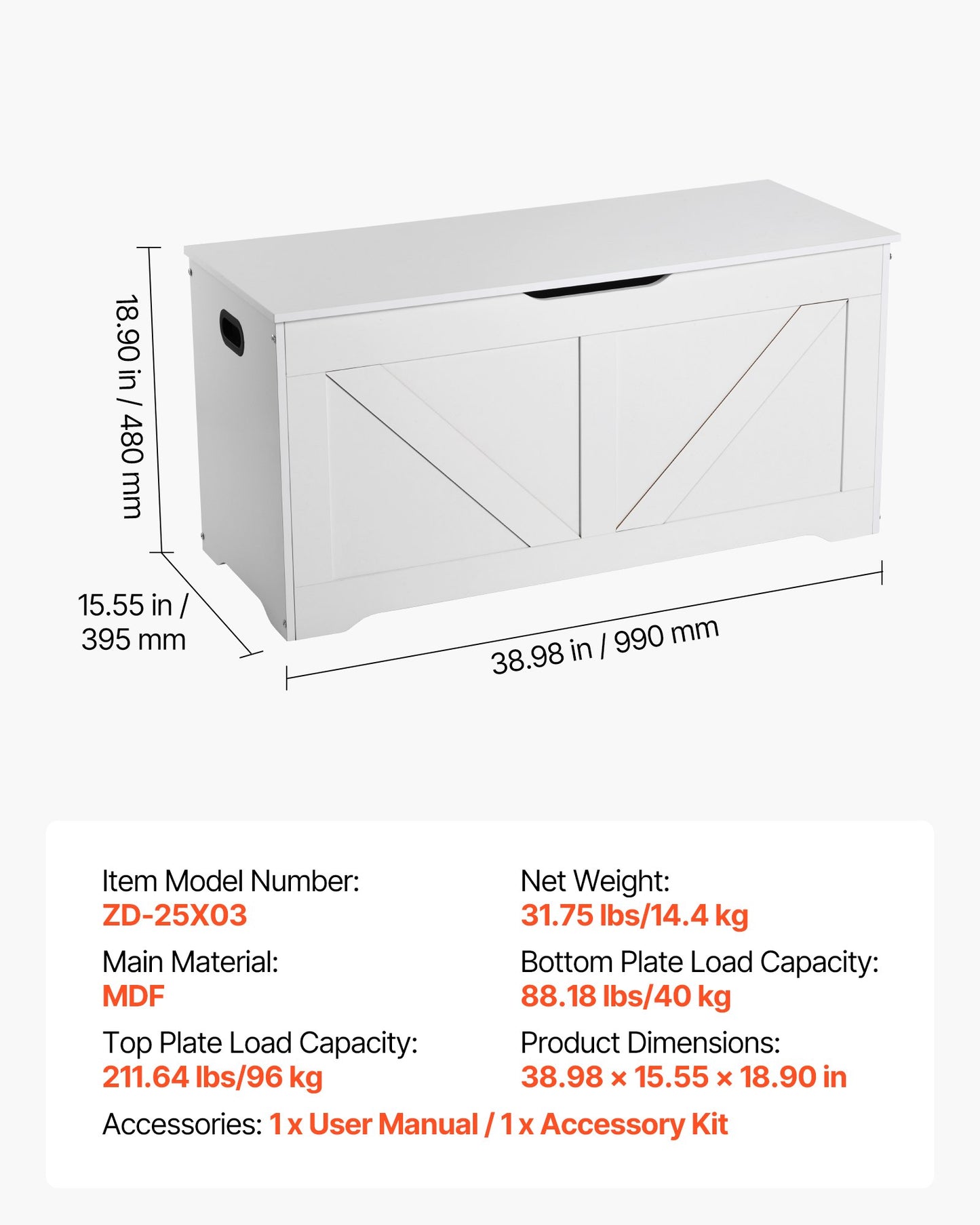 Kids Storage Bench, Wooden Toy Box Chest, Large Storage Cabinet with Safety Hinge, Toddlers Storage Bench for Playroom, Living Room or Entryway, Easy Assembly, 38.98 x 15.55 x 18.9 in, White