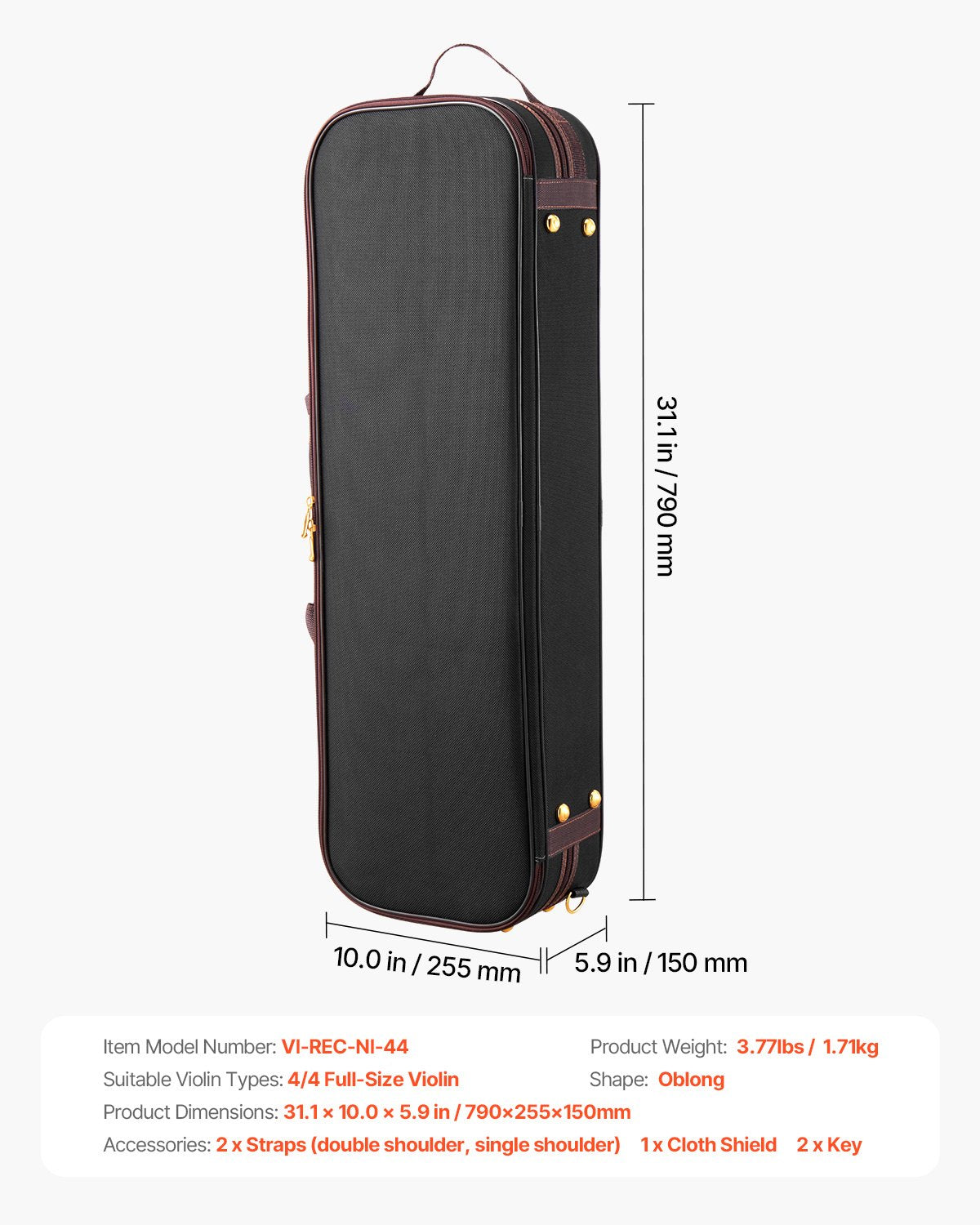 4/4 Full Size Violin Case, Built-in Hygrometer, Lightweight Portable Travel Carrying Bag, with Plush Lining, Shoulder Straps, Anti-Scratch, Professional Oblong Shape, for Violin, Black