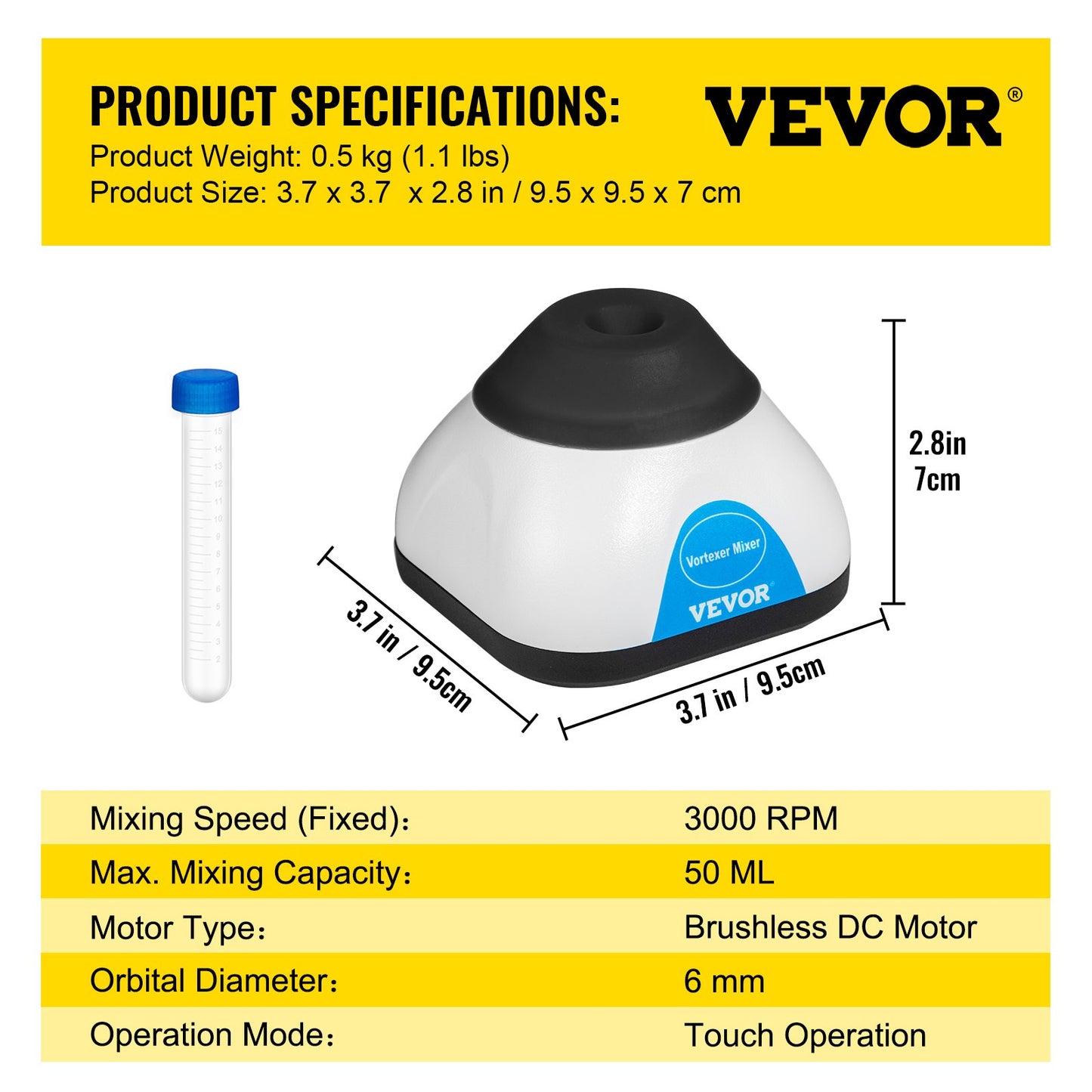 Vortex Mixer, 3000RPM Mini Vortex Mixer Shaker, Touch Function Scientific Lab Vortex Shaker, Mix Up to 50ML, 6mm Orbital Diameter for Test Tube, Tattoo Ink, Nail Polish, Eyelash Adhesives, Paint