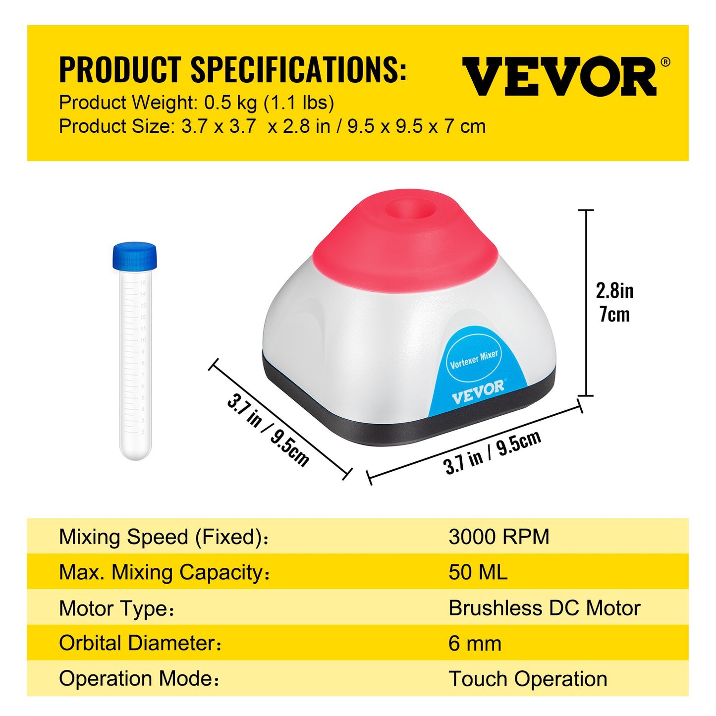 Vortex Mixer, 3000RPM Mini Vortex Mixer Shaker, Touch Function Scientific Lab Vortex Shaker, Mix Up to 50ML, 6mm Orbital Diameter for Test Tube, Tattoo Ink, Nail Polish, Eyelash Adhesives, Paint