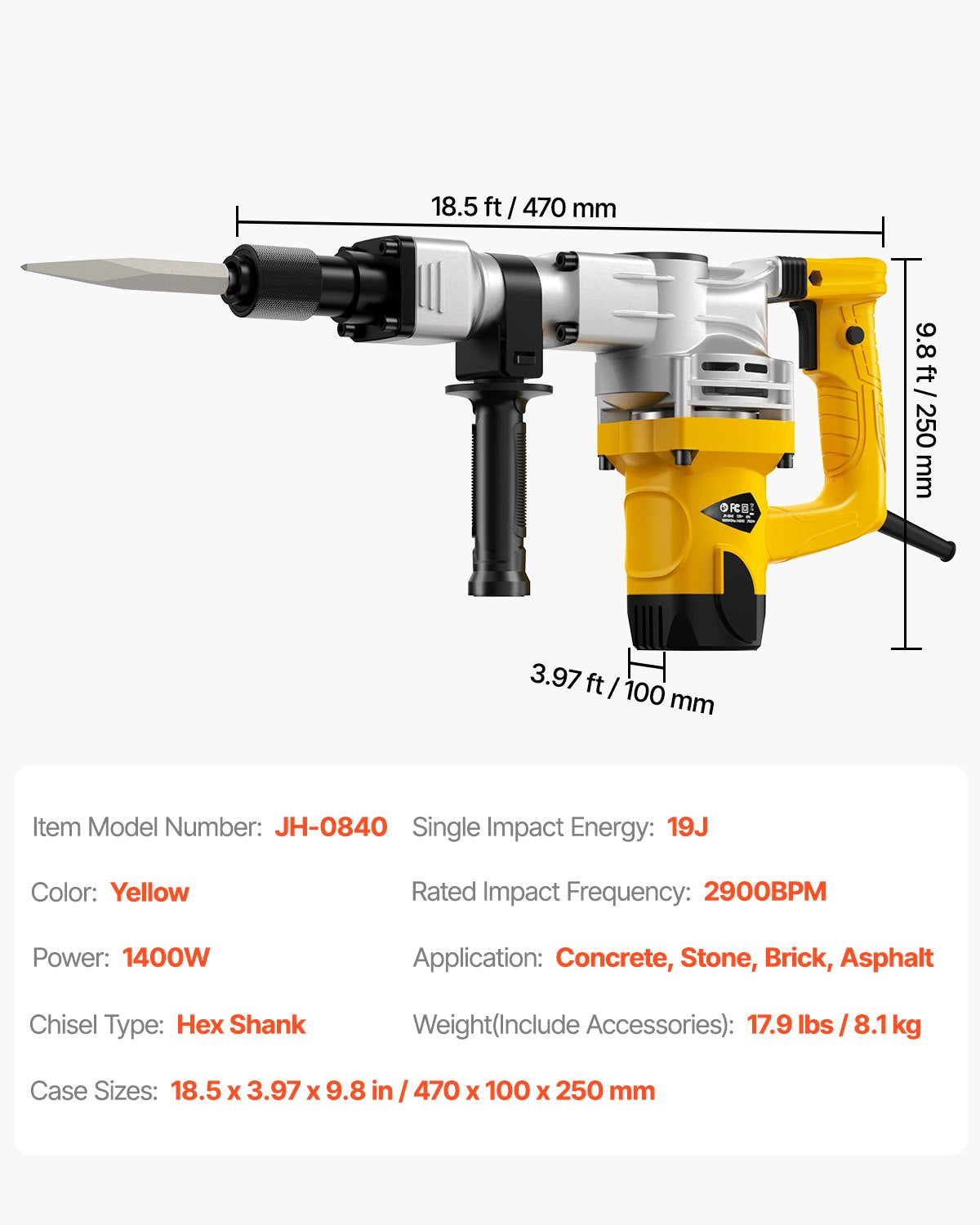 Demolition Jack Hammer, 1400W Electric Jackhammer Heavy Duty, 2900 BPM Jack Hammer Concrete Breaker, with 1 Point Chisel, 1 Flat Chisel, Storage Case, Gloves and Goggles, for Demolition