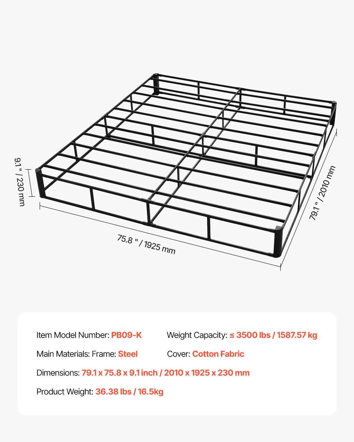 Box Spring, King Size Bed Frame with Washable Fabric Cloth, Heavy Duty Metal Frame for King Bed, 9 in Mattress Foundation, 3500 lbs Max Weight Capacity, Easy Assembly, 79.1 L x 75.8 W x 9.1 H in
