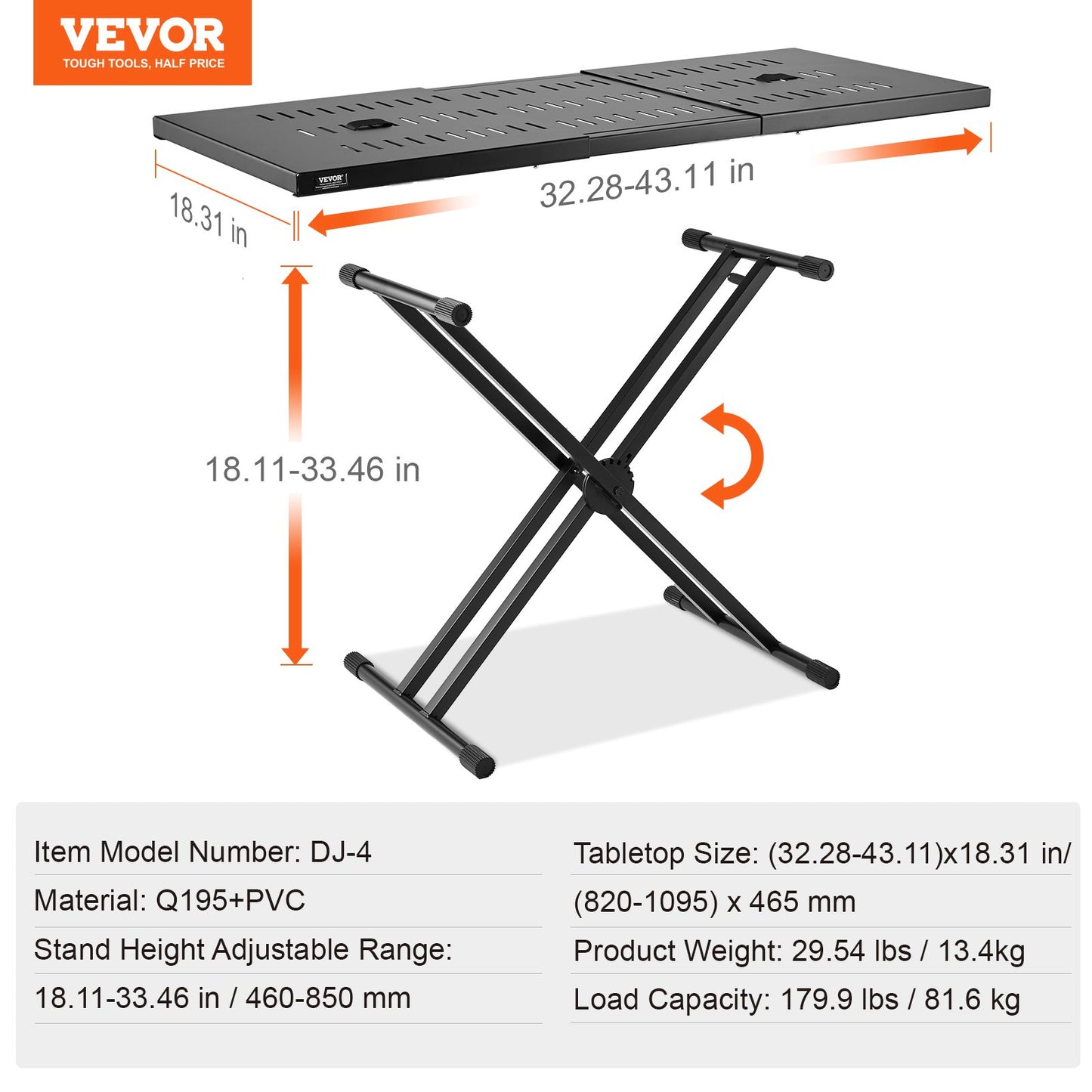 DJ Table Stand, (32"-43") x 18" Portable DJ Laptop and Controller Stand, Lightweight DJ Desk DJ Booth Adjustable Height DJ Stand, Foldable Double-X Keyboard Stand & Tabletop, Audio Mixer Stand