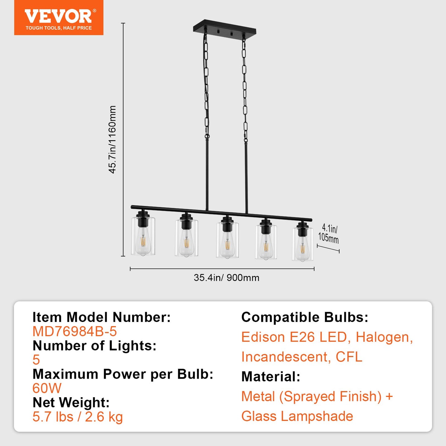 5-Light Kitchen Island Pendant Lights, 60W, Adjustable Dining Room Light Fixture with Clear Glass Lampshade 4 Rods 2 Metal Chains, Metal Frame Farmhouse Linear Chandeliers for Dining Room, E26