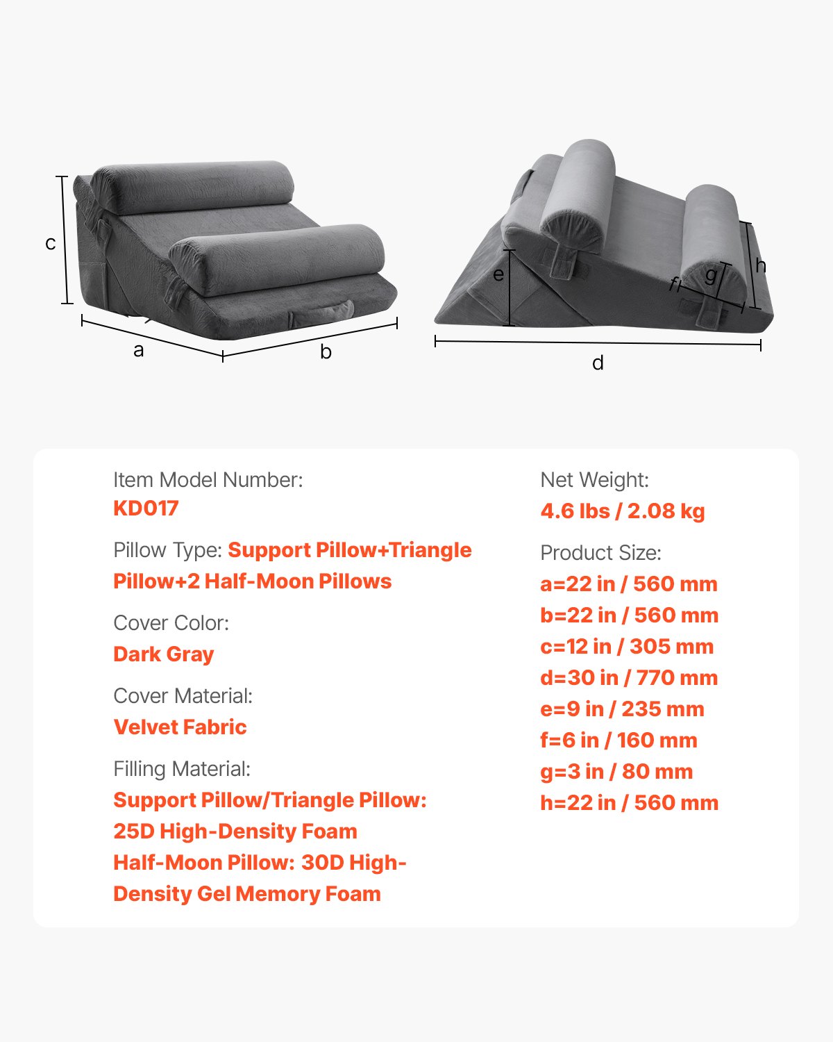 Wedge Pillow for Sleeping, 4 Pcs Adjustable Orthopedic Bed Wedge Set, Support Arm Leg Neck Shoulder, Post Surgery Pillow for Back Pain, Acid Reflux, Snoring Relief, Sitting up in Bed, Dark Grey