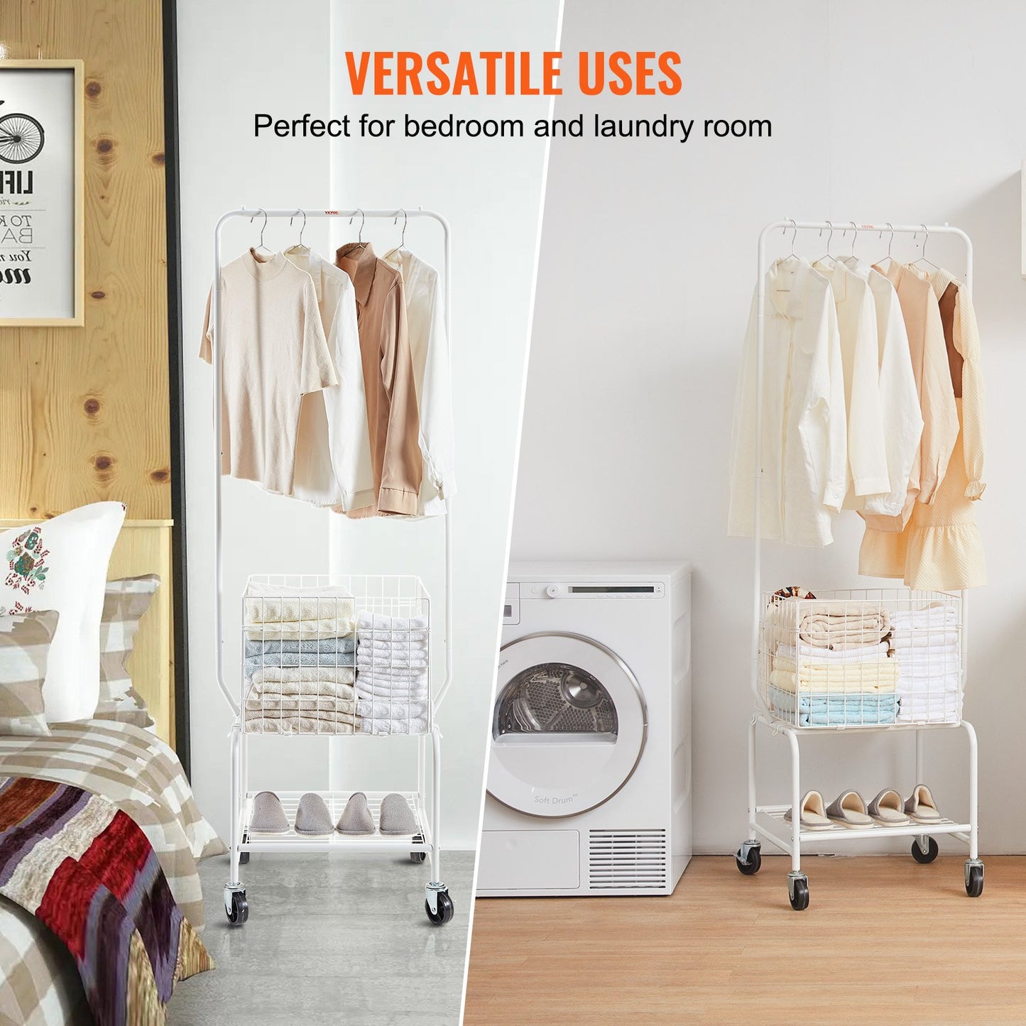 Metal Rolling Laundry Basket with Hanging Garment Rack, Height Adjustment Laundry Hamper Cart with Basket Load and Shelf Load, Storage Organizer with Heavy Duty Lockable Wheels