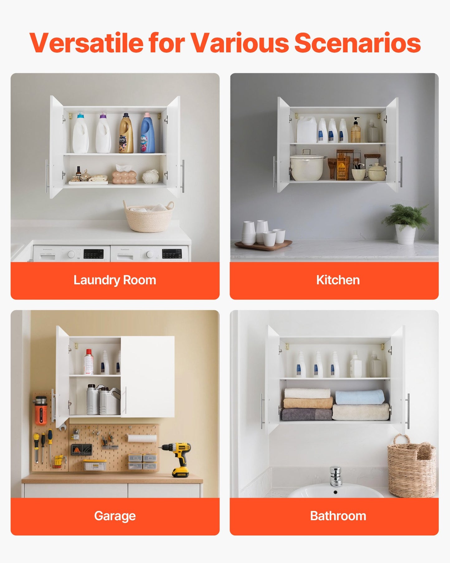 Laundry Room Wall Cabinet, 2-Tier Wall Mounted Hanging Cabinet with Adjustable Shelf, 32 in Cupboard Storage with 2 Doors, for Bathroom, Kitchen, Laundry, 16 x 32 x 24 in (D x W x H), White