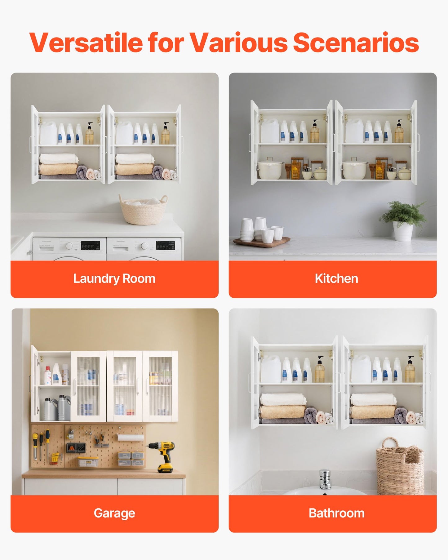 Laundry Room Wall Cabinet, 2-Tier Wall Mounted Cabinet with Adjustable Shelf, Cupboard Storage with 4 Doors, for Kitchen, Bathroom, Laundry, Set of 2, Each 12 x 24 x 24 in (D x W x H), White