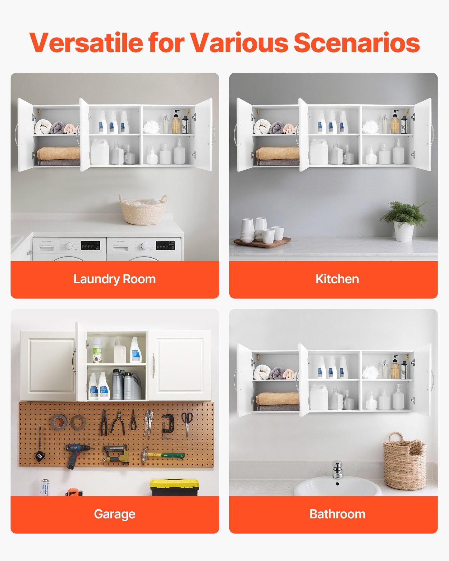 Laundry Room Wall Cabinet, 2-Tier Wall Mounted Hanging Cabinet with Adjustable Shelf, Cupboard Storage with 3 Doors, for Kitchen, Bathroom, Laundry, 12.44 x 54 x 20.31 in (D x W x H), White