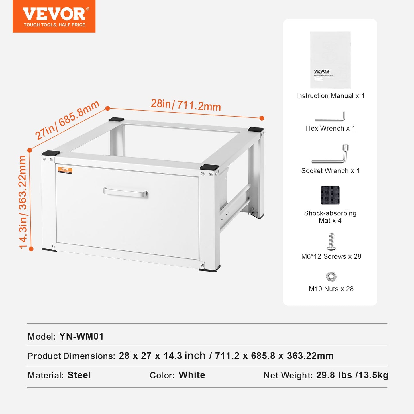 Laundry Pedestal 27" Wide 14.4" Height, Washer And Dryer Base Stand Platform Universal Fit 660lbs Capacity, Heavy Duty Multi-Functional Base for Washing Machine with Drawer & Rich Accessories