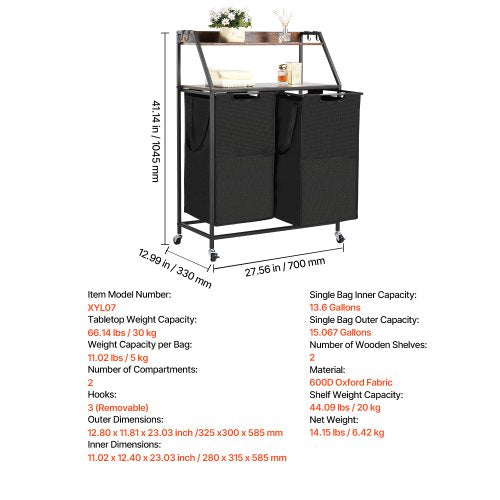 2-stöckiger Wäschekorb mit Rädern und Haken, 2 Fächer | EU