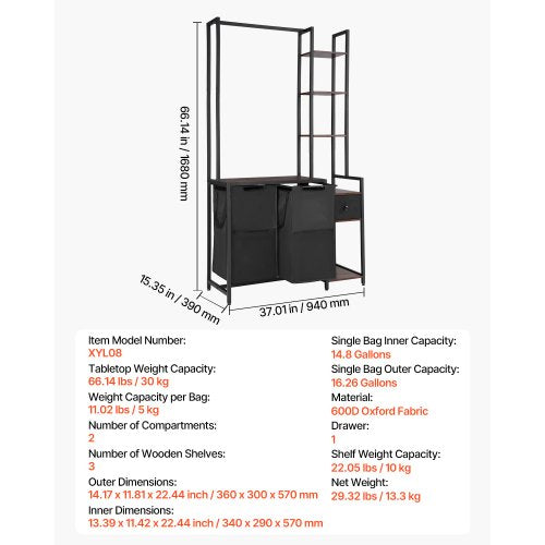3-stöckiger Wäschekorb mit Ablage, hoher Wäschekorb mit Ablagen, 2 Fächer | EU