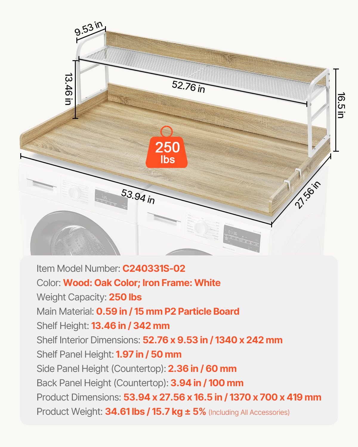 Washer Dryer Countertop with 2-Tier Shelf, 54" x 27" Wooden Washer and Dryer Countertop with Anti-Slip Pads, Water-Resistant Laundry Topper Cover for Laundry Room Organization and Storage, Oak