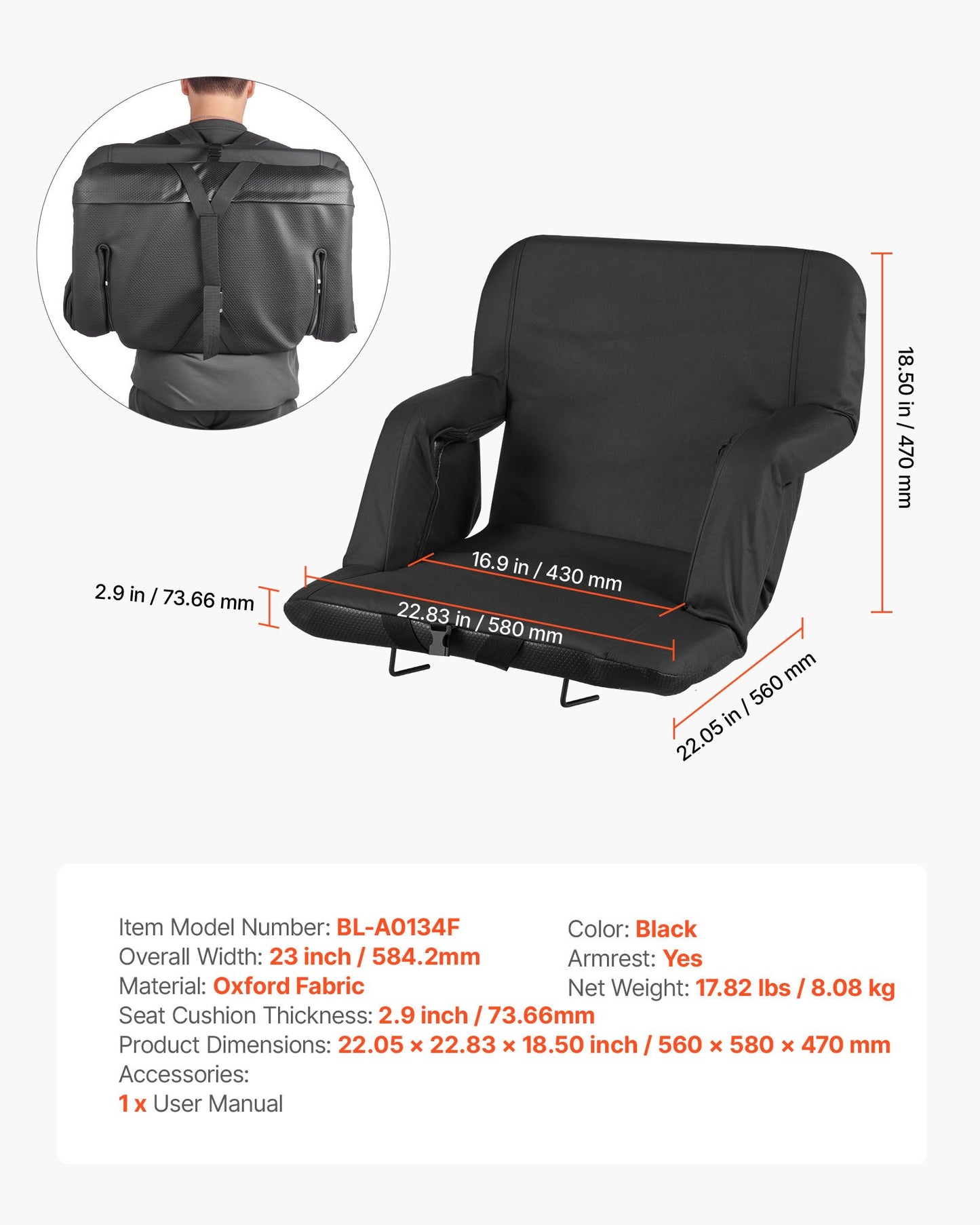 Stadium Seat, 6 Adjustable Angle Wide Bleacher Chair, 2.9'' Cushion Padded Stadium Seat with Armrest and Back Support, Stadiums Chair with Hook Cupholder for Picnics, Beach Sports, and Gaming