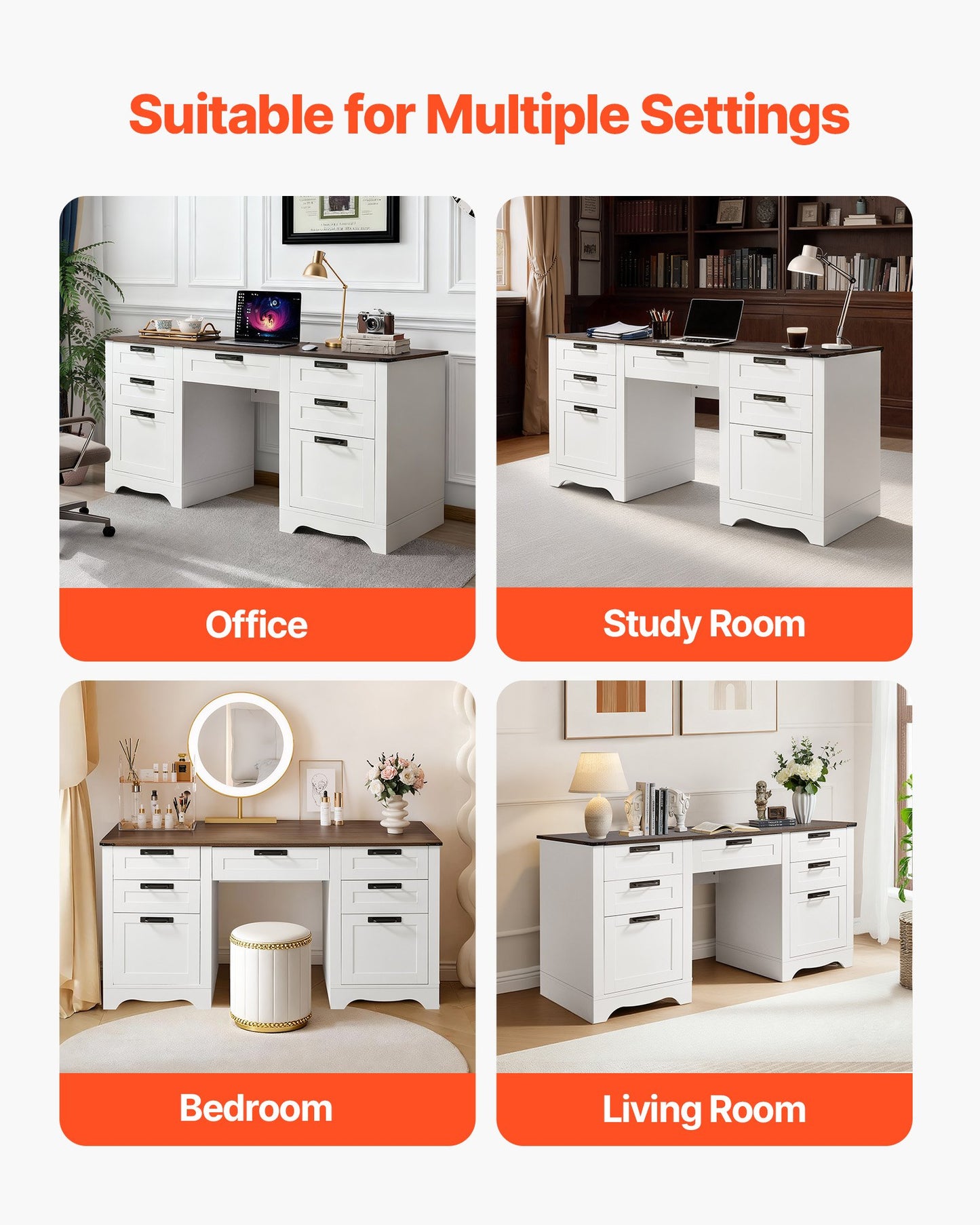 Executive Desk, Farmhouse Office Table with Charging Station, Heavy Duty Particle Board Executive Table with Storage Drawers, 200 LBS Load Capacity, Easy Assembly, for Work Study Writing, Walnut