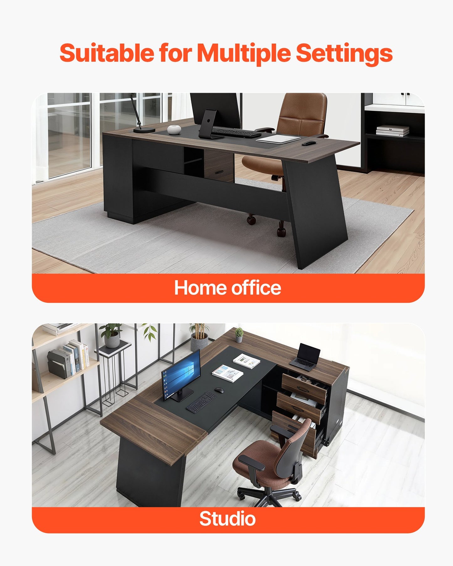 L-Shaped Executive Desk, Large Modern Office Table with Drawers and Storage Cabinet, Heavy Duty Wooden Executive Table, 350 LBS Load Capacity, Easy Assembly, for Work Study Writing, Brown+Black