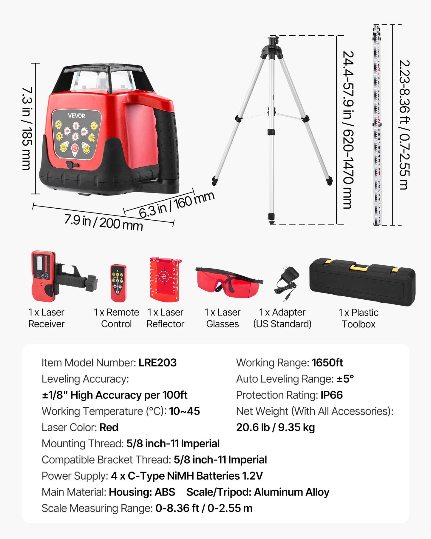 Rotary Laser Level Kit, 1650ft 360-Degree Self Leveling Red Horizontal Laser Transit,with Tripod,Receiver,Remote Control, Scale,Toolcase, IP66 Waterproof, 0.80in/100ft Precision for Construction