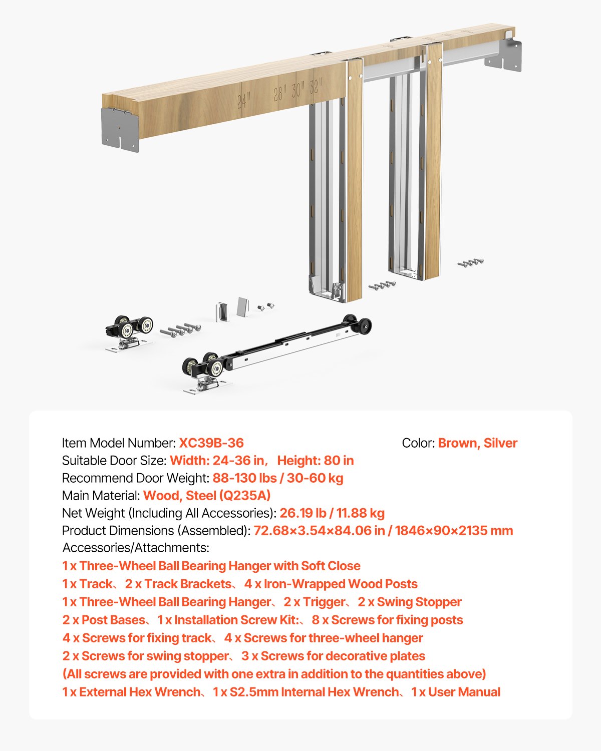 Pocket Door Frame Kit, for 24-36 in Wide 80 in High Door, Pocket Door Kit with Two-Way Soft Close Mechanism, Slide Smoothly Quietly, Easy to Install, Wood and Galvanized Steel, for Living Room