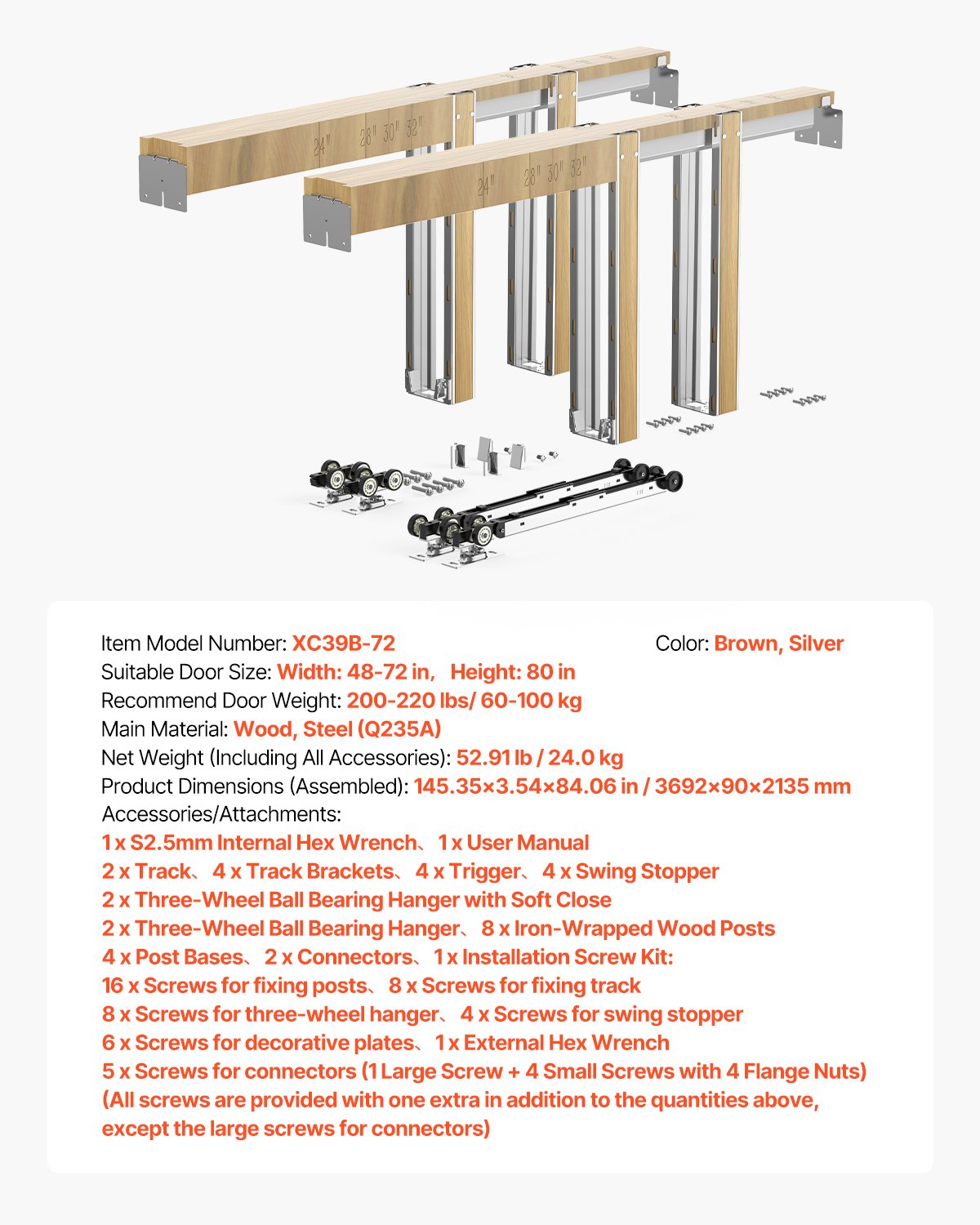 Pocket Door Frame Kit, for 48-72 in Wide 80 in High Door, Pocket Door Kit with Two-Way Soft Close Mechanism, Slide Smoothly Quietly, Easy to Install, Wood and Galvanized Steel, for Living Room