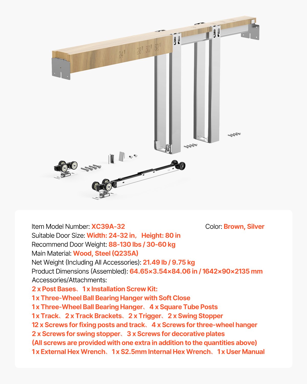 Pocket Door Frame Kit, for 24-32 in Wide 80 in High Door, Pocket Door Kit with Two-Way Soft Close Mechanism, Slide Smoothly Quietly, Easy to Install, Premium Galvanized Steel, for Living Room