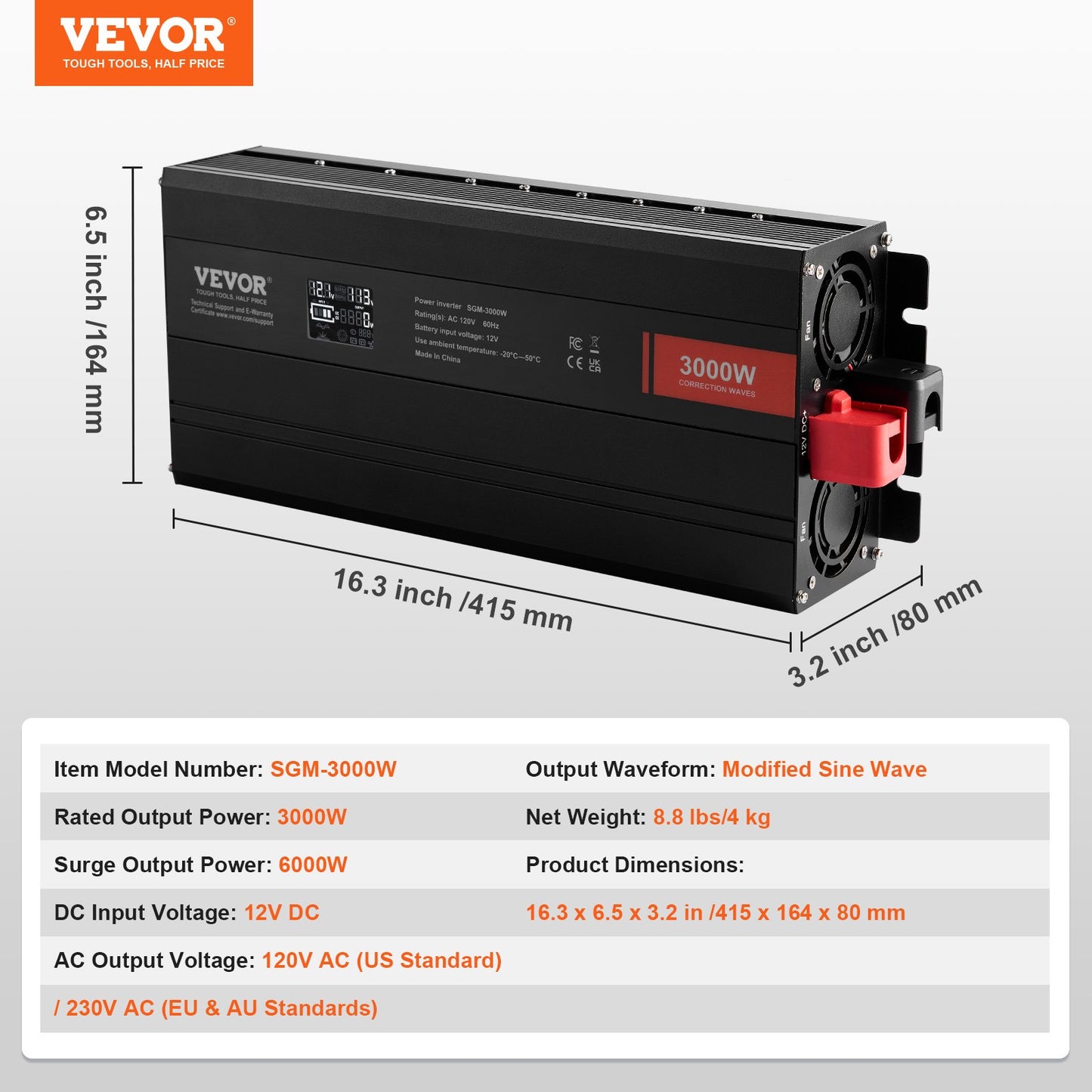 Modified Sine Wave Inverter, 3000Watt, DC 12V to AC 120V LCD Display Power Inverter with 3 AC Outlets 2 USB Port 1 Type-C Port 10 Spare Fuses, for Large Household Equipment, CE FCC Certified