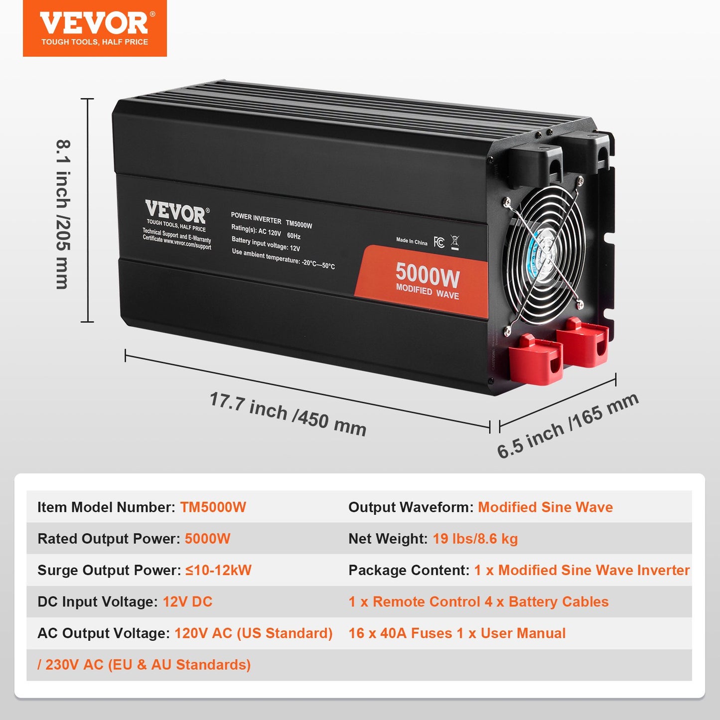 Modified Sine Wave Inverter, 5000W, DC 12V to AC 120V Power Inverter with 6 AC Outlets 2 USB Port 1 Type-C Port, LCD Display and Remote Controller for High Load Home Appliances, CE FCC Certified