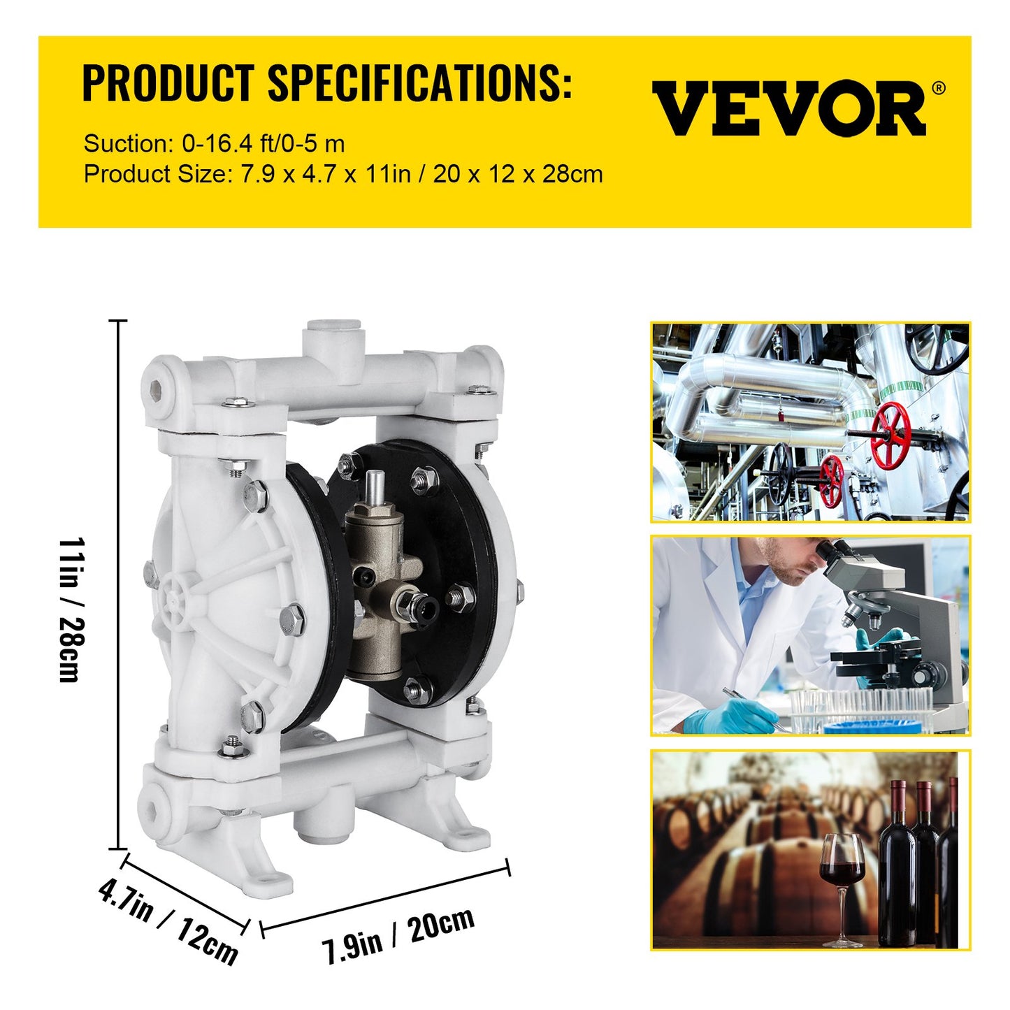 Air-Operated Double Diaphragm Pump, 1/2 in Inlet & Outlet, Polypropylene Body, 2.5 GPM & Max 80PSI, PTFE Diaphragm Pneumatic Transfer Pump for Petroleum, Diesel, Oil & Low Viscosity Fluids