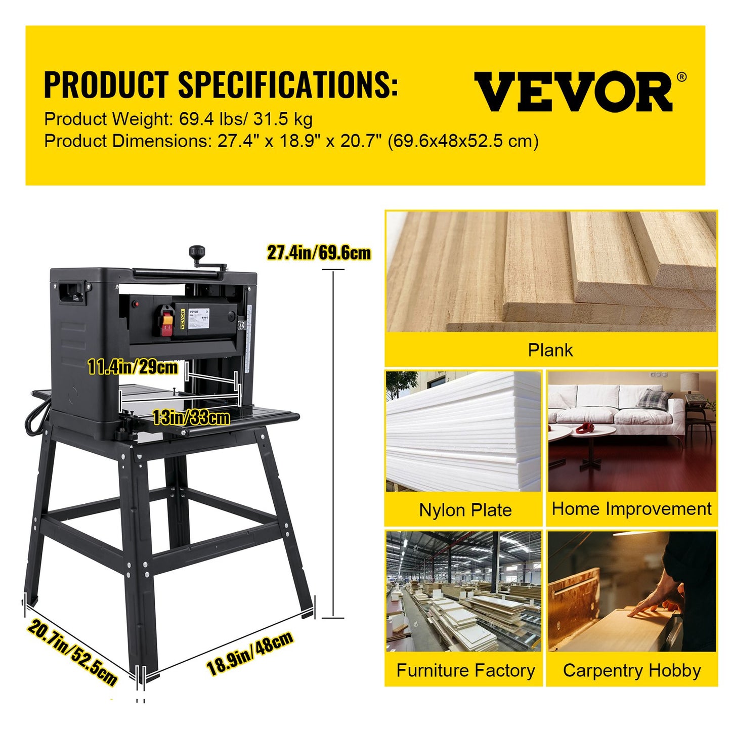 13-Inch Benchtop Thickness Planer, 2000W, 8000 rpm, 15 AMP, with Foldable Iron Stand and Dust Exhaust, 6m/min Planing Speed, Ideal for Woodworking and Wooden Plank Shaping