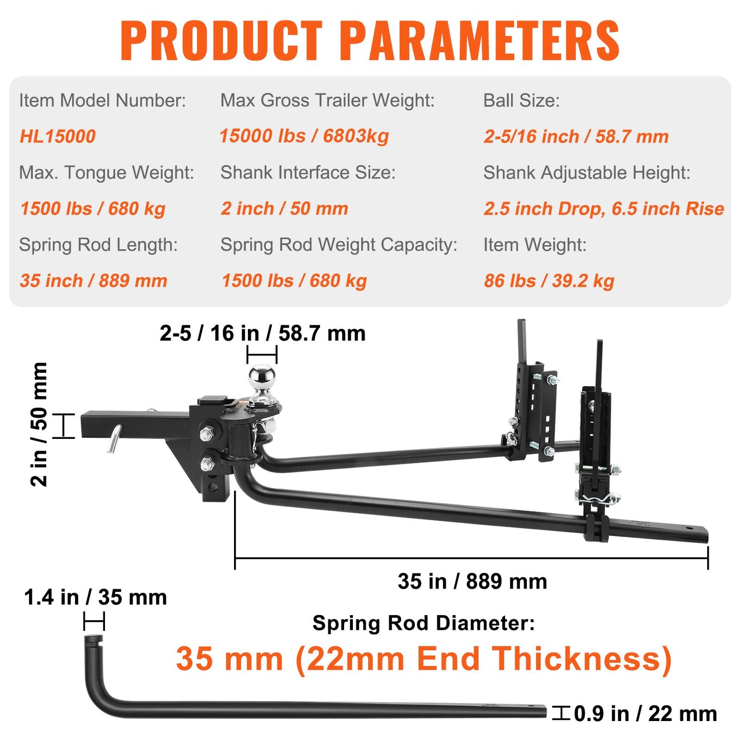 Weight Distribution Hitch, 1,500 lbs Weight Distributing Hitches Kit with Sway Control for Trailer, 2-In Solid Steel Shank, 2-5/16 in Alloy Steel Ball, Powder Coated Load Leveling Hitch, Black