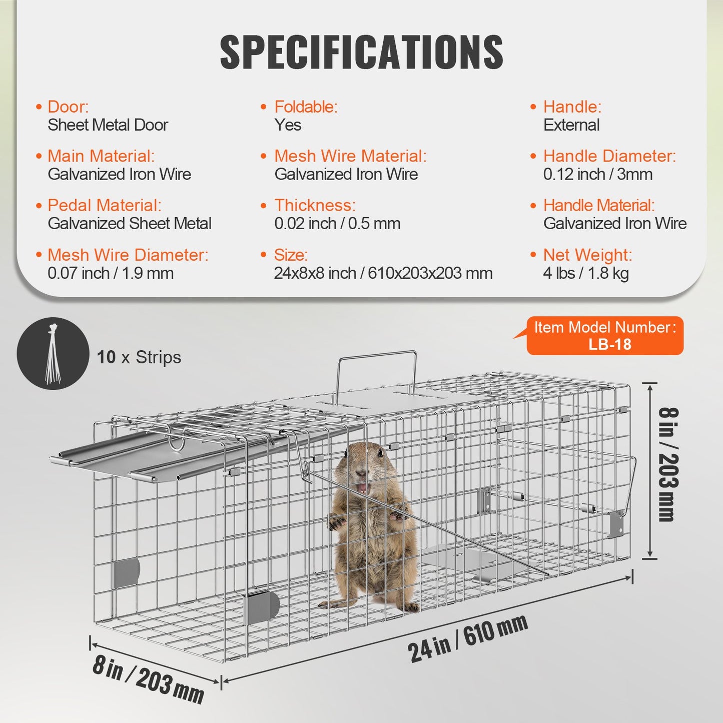 Live Animal Cage Trap, 24" x 8" x 8" Humane Cat Trap Galvanized Iron, Folding Animal Trap with Handle for Rabbits, Stray Cats, Squirrels, Raccoons, Groundhogs and Opossums