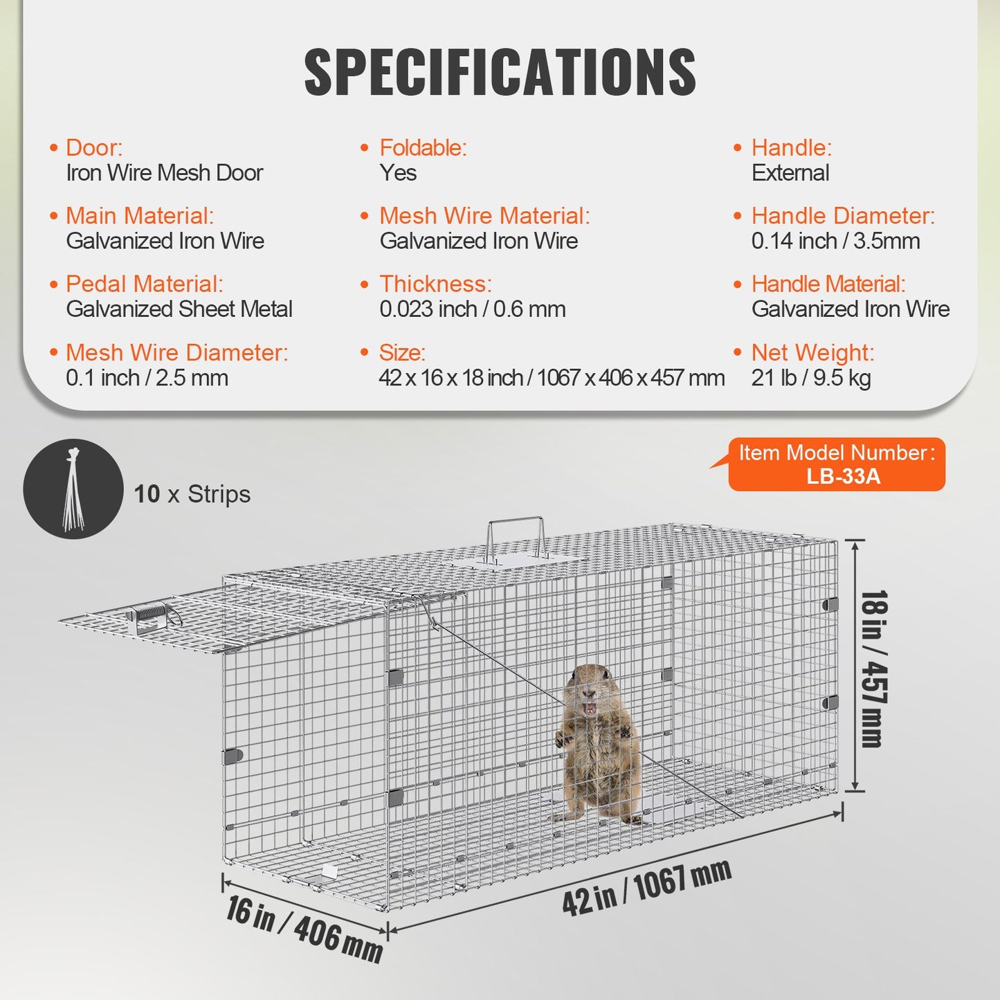 Live Animal Cage Trap, 42" x 16" x 18" Humane Cat Trap Galvanized Iron, Folding Animal Trap with Handle for Stray Dogs, Armadillos, Raccoons, Marmots, Foxes