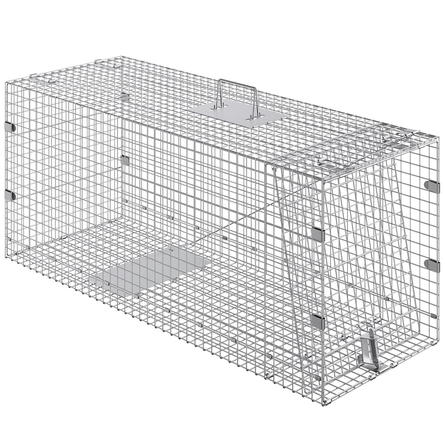 Live Animal Cage Trap, 42" x 16" x 18" Humane Cat Trap Galvanized Iron, Folding Animal Trap with Handle for Stray Dogs, Armadillos, Raccoons, Marmots, Foxes