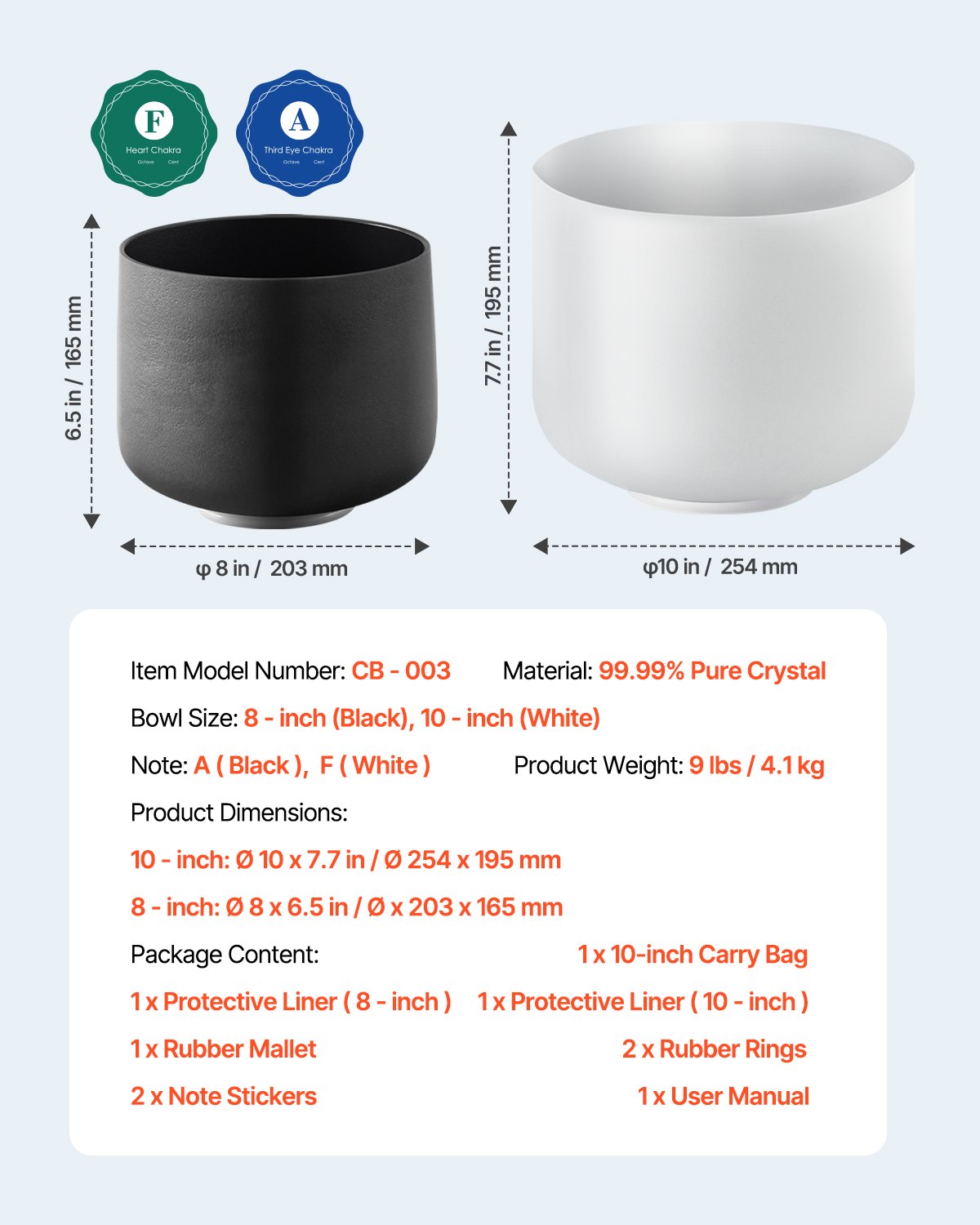 2PCS Crystal Singing Bowls, 8-inch and 10-inch A & F Note Singing Bowls, Frosted Quartz Singing Bowl with 10" Carrying Bag, 1 Rubber Mallet and 2 O-Rings, Ideal for Meditation Yoga Sound Healing