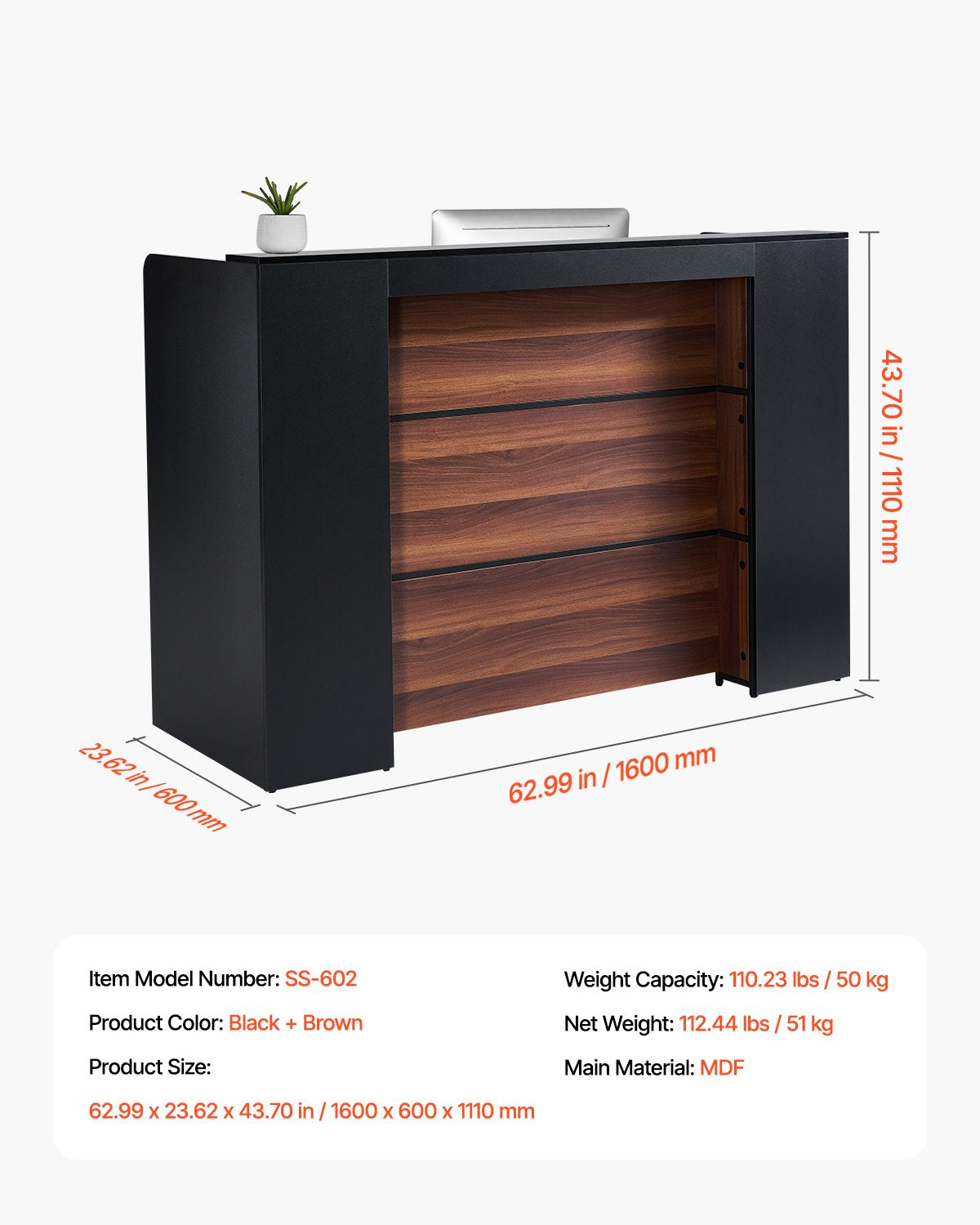 Reception Desk, 62 Inch Rectangular Front Counter Table, Office Reception Desk Front Retail Counter with LED Light, for Checkout, Lobby, Beauty Salon and Office, Black & Brown