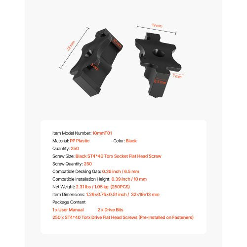 250 st dolda däckfästen för komposittrallbrädor, universella komposit-T-klämmor och dolda plastfästen med metallskruvar, polypropylen-PP-klämmor fungerar med 6,5 mm springor, svarta | EU