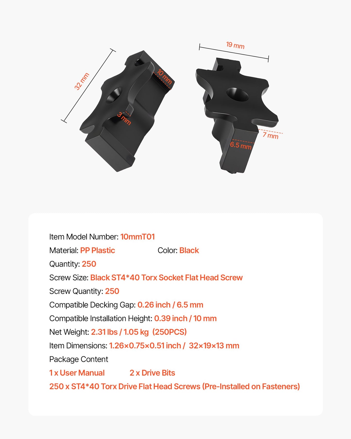 250PCS Hidden Deck Fasteners for Composite Decking Board, Universal Composite T Clips & Plastic Hidden Fasteners with Metal Screws,Polypropylene PP Clips Works with 0.26 inch Gaps, Black