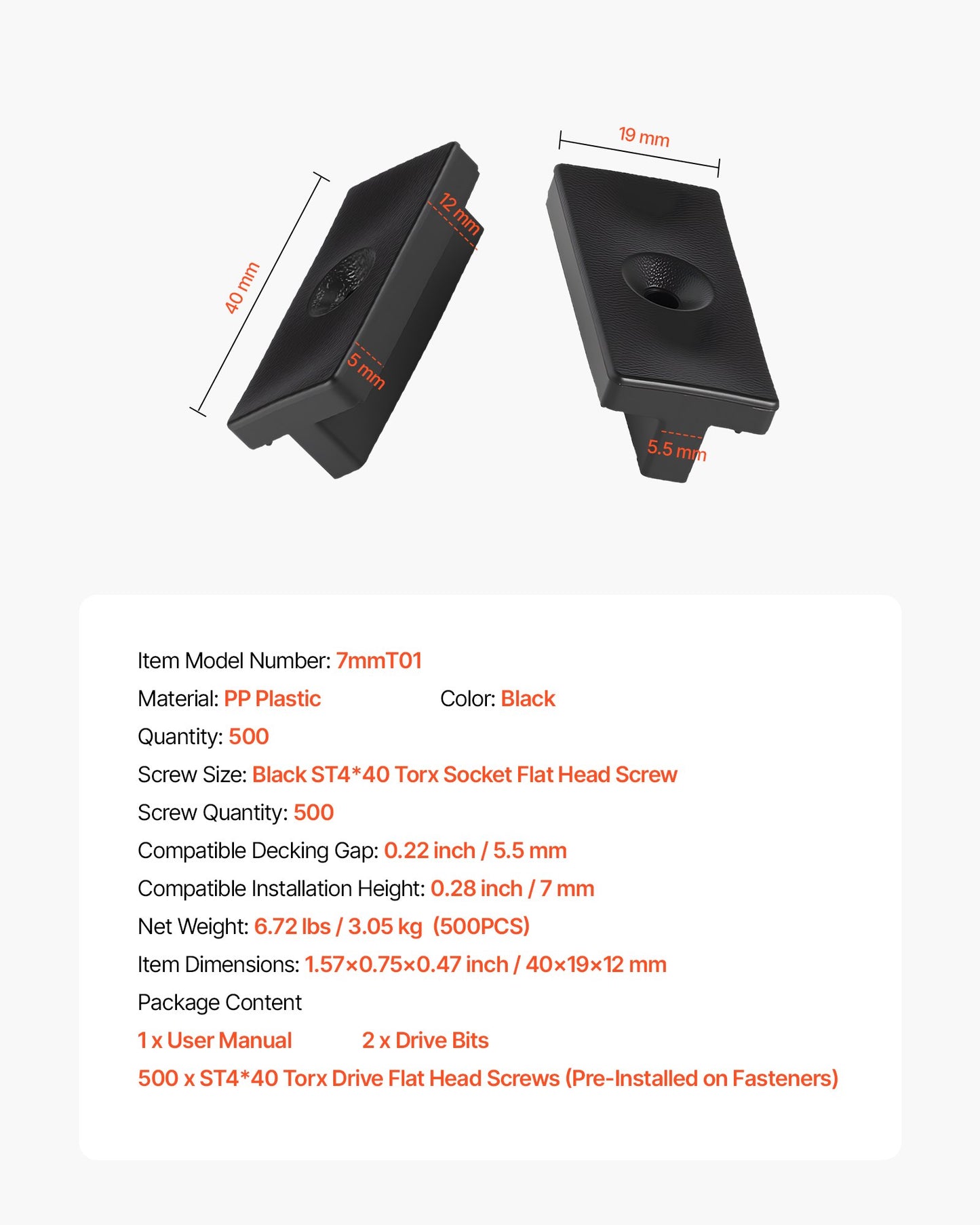 500PCS Hidden Deck Fasteners for Composite Decking Board, Universal Composite Clips & Plastic Hidden Fasteners with Metal Screws,Polypropylene PP Clips Works with 0.22 inch Gaps, Black