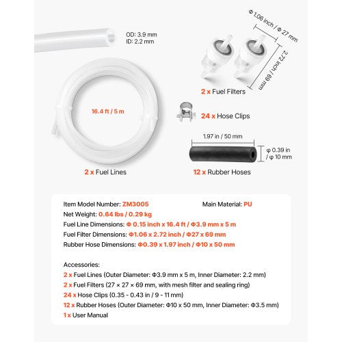 Bränsleslangssats, 5000 mm bränsleledningssats för dieselvärmare, Utbytbara bränsleledningssatser för parkeringsvärmare med ledningar, filter, klämmor och slangar, Tillbehör till tankdieselvärmare för 2KW, 5KW och 8KW värmare | EU