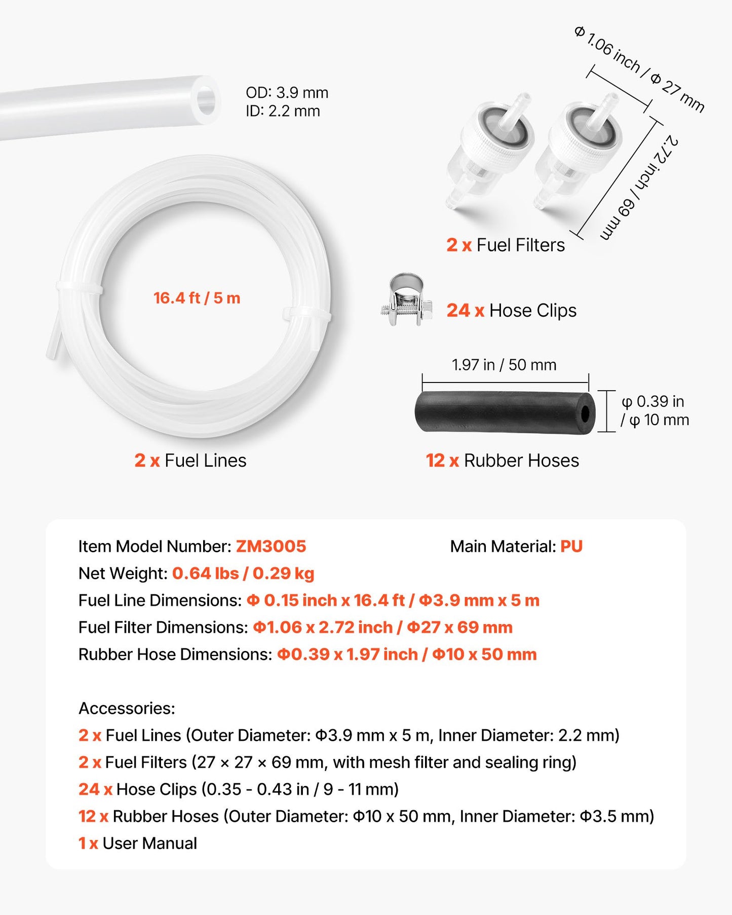 Fuel Pipe Hose Line Kit, 196.9″ Diesel Heater Fuel Line Kit, Replaceable Parking Heater Fuels Lines Kits with Lines Filters Clips & Hoses, Tank Diesel Heater Accessories for 2KW 5KW 8KW Heaters