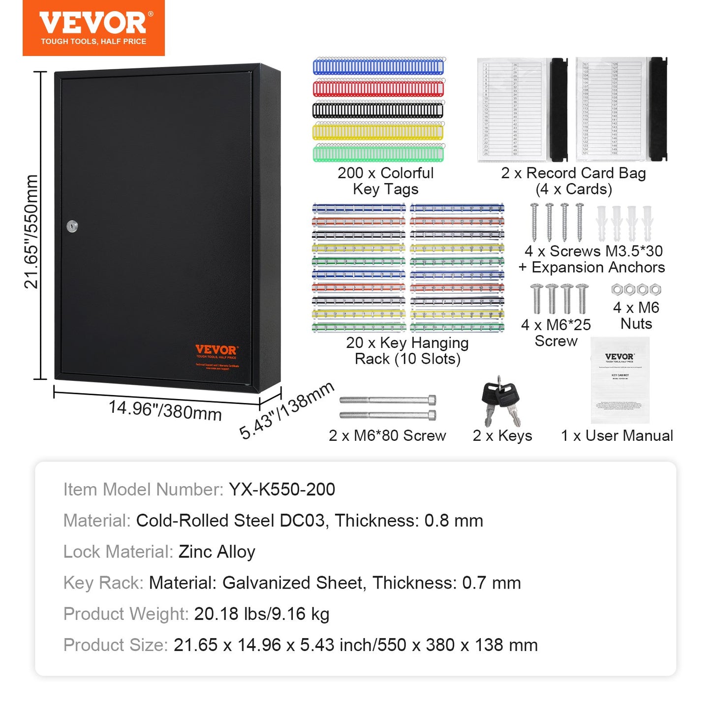 200-Key Cabinet, Key Lock Box with Adjustable Racks, Security Key Storage Box Steel, Key Organizer with 200 Colorful Key Tags and 4 Record Cards for School, Office, Hotel
