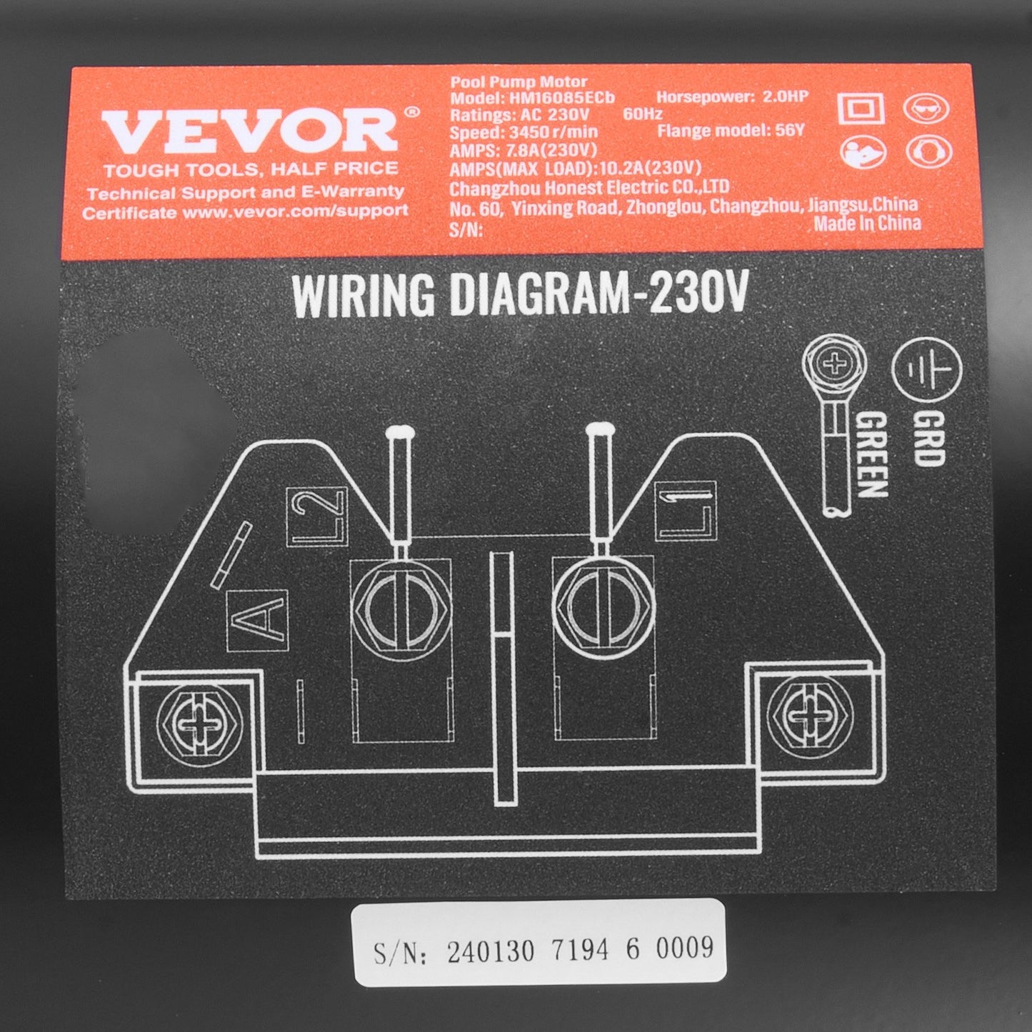2 PS Poolpumpenmotor, 230 V, 60 Hz, 7,8 A, 56Y, 3450 U/min, 50 μF/250 V Kondensator