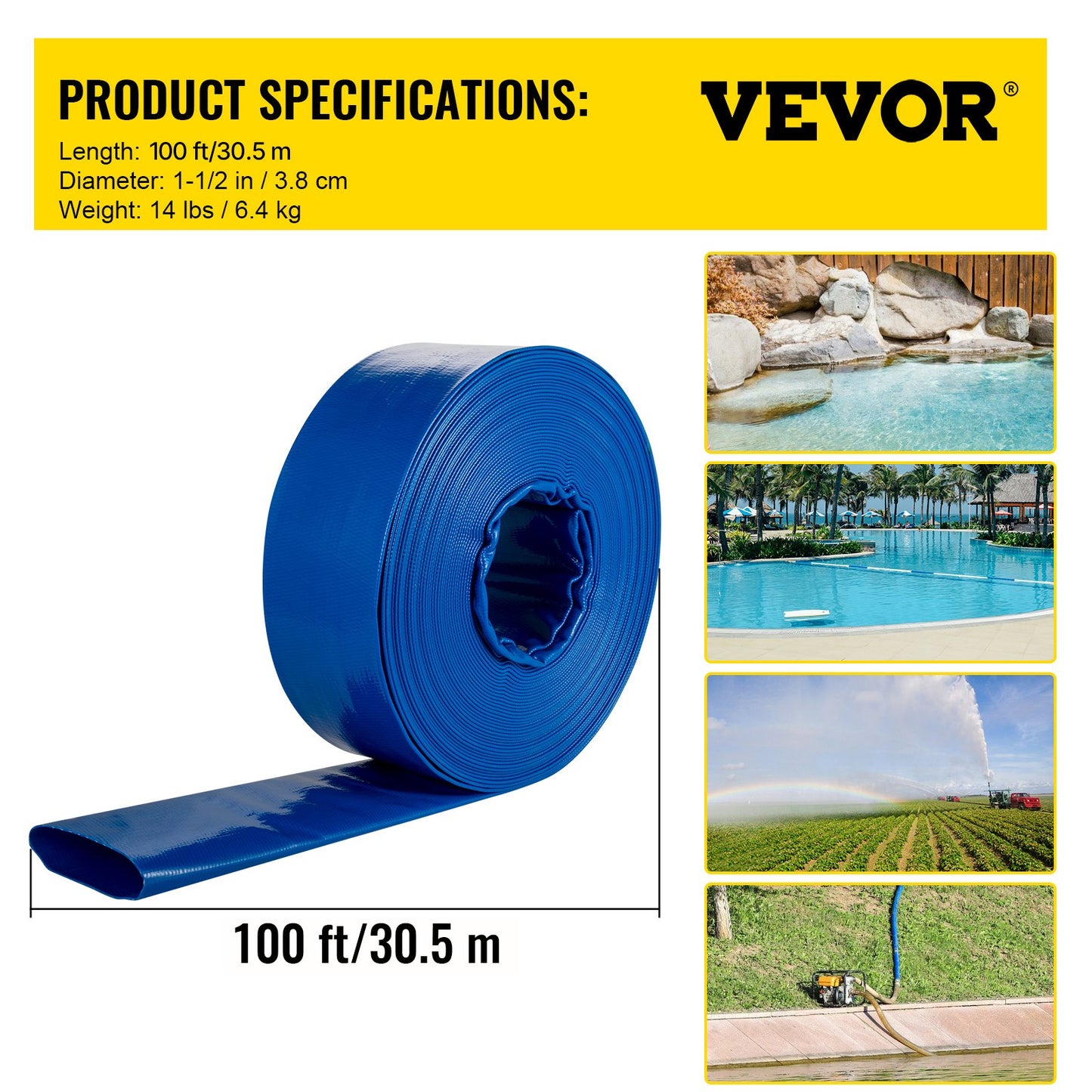 Discharge Hose, 1-1/2" x 100', PVC Fabric Lay Flat Hose, Heavy Duty Backwash Drain Hose with Clamps, Weather-proof & Burst-proof, Ideal for Swimming Pool & Water Transfer, Blue